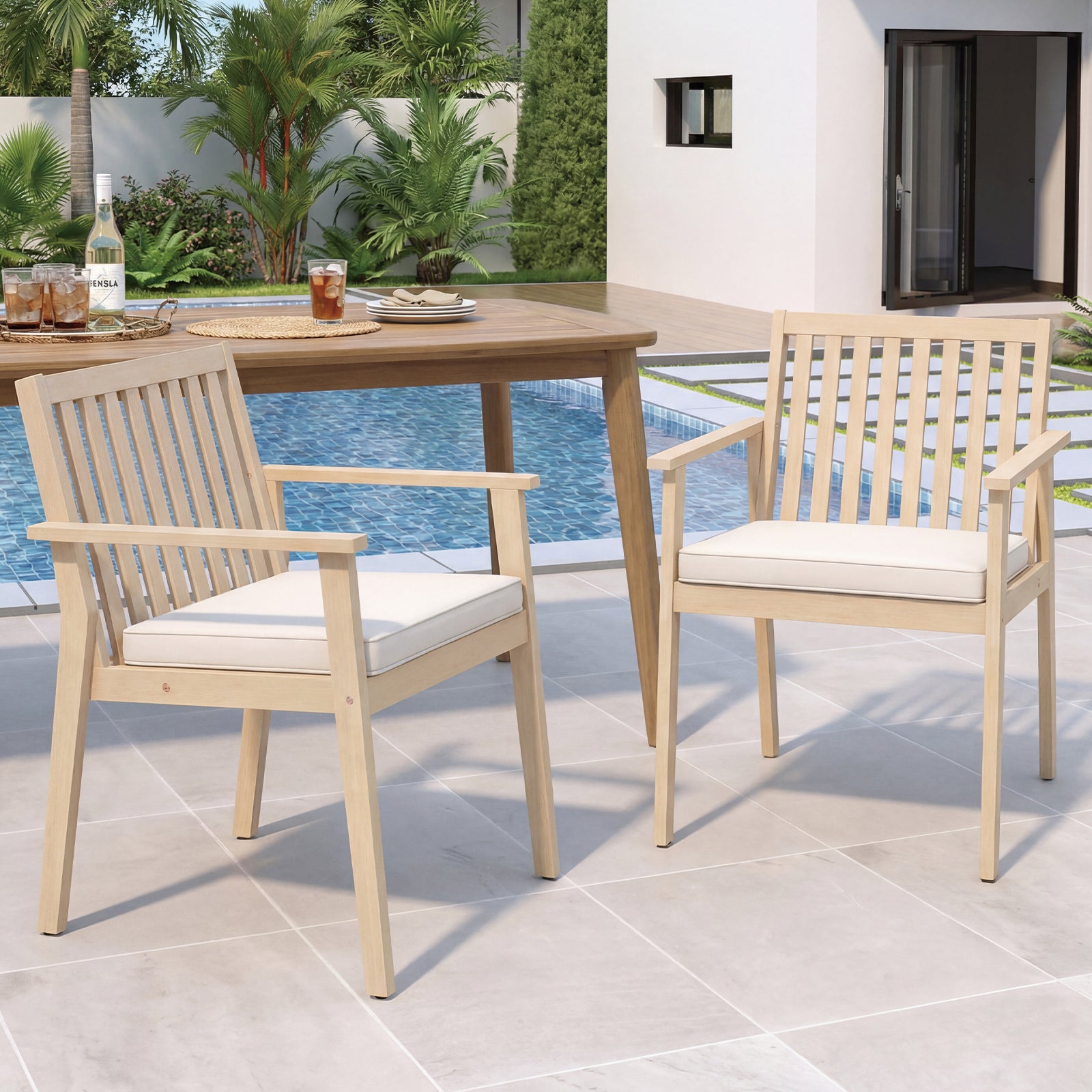 2 Chaises de Jardin, Chaises d'Extérieur en Bois d'Acacia avec Coussin Rembourré Amovible, Accoudoirs, Charge 180 kg, Mobilier de Bistrot, Beige - 9
