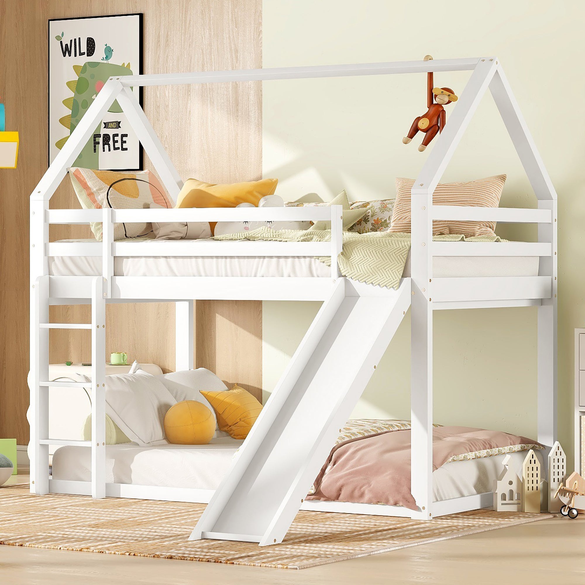 Litera 90x200 Cm De Madera Maciza - Con 4 Cajones Y Escalera De Almacenamiento Blanco Y Natural 93823038