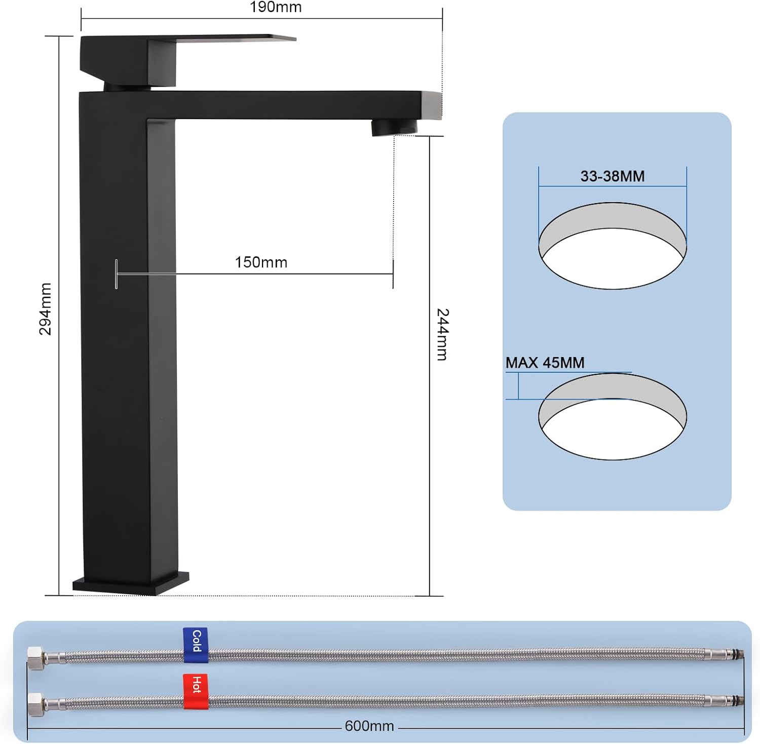 Wysoki Bateria Umywalkowa, 24 cm Wylewka, Bateria Łazienkowa do Blatu, Stal Nierdzewna 304, Jednouchwytowy Bateria Termostatyczna - 5