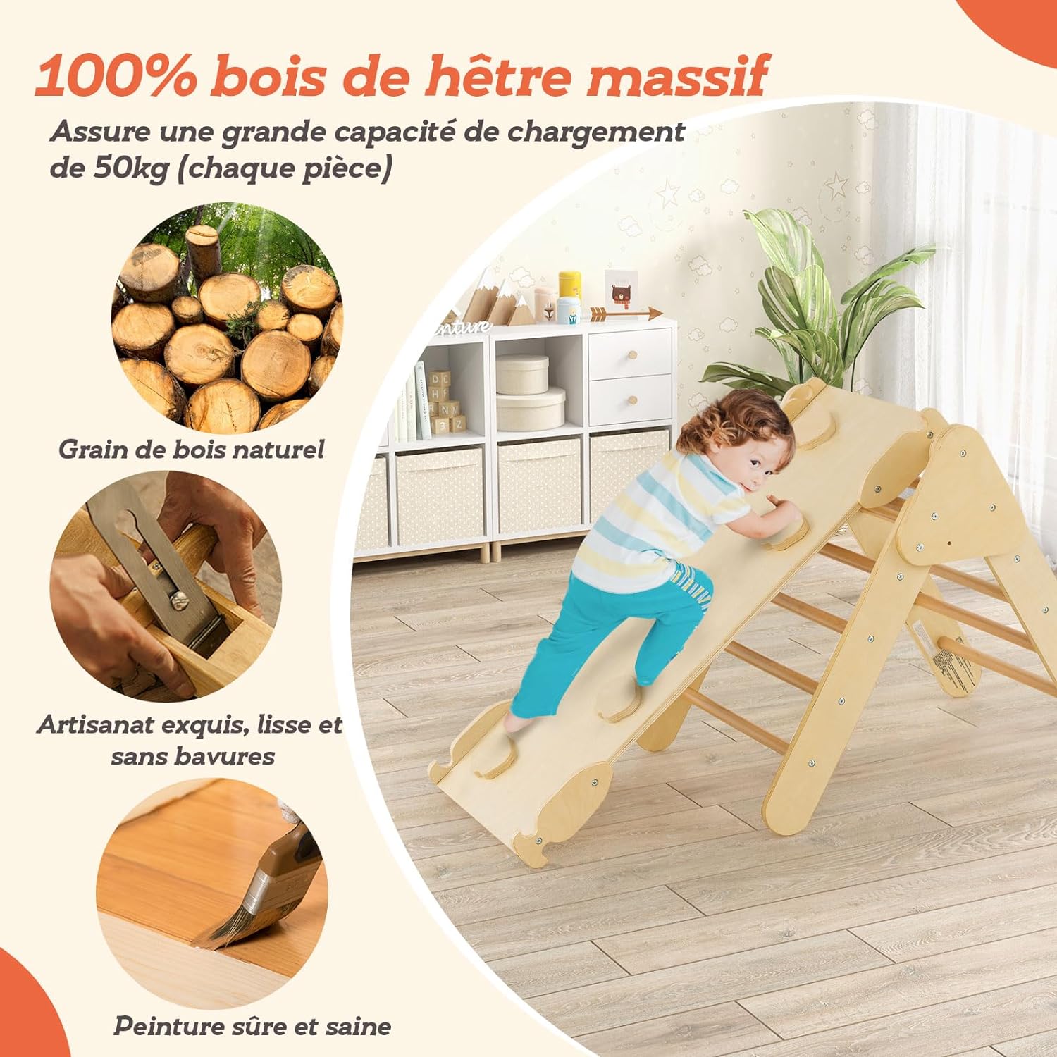 Arco Montessori a triangolo 7 in 1, arco per bambini con scivolo in legno, rampa, scala regolabile, portata 50 KG bambini da 1 anno in su, naturale - 5