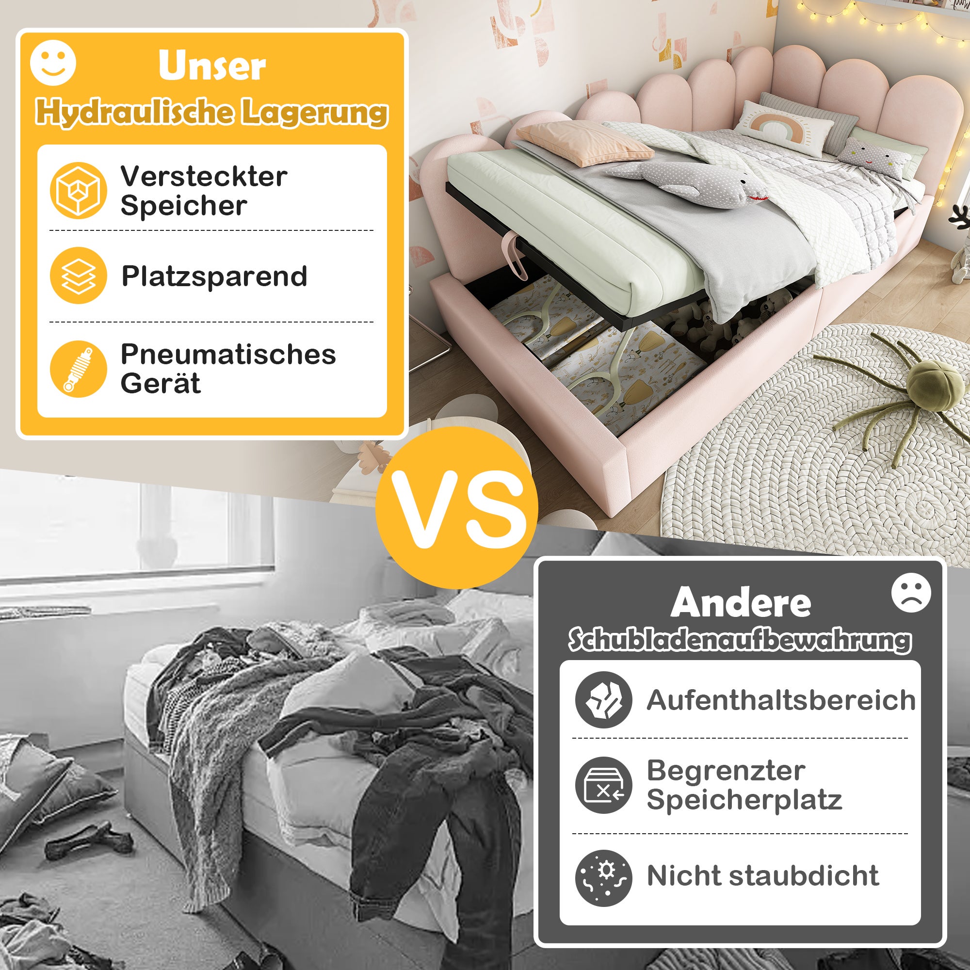 Lit coffre 90 x 190 cm avec tête de lit et dossier, canapé-lit - Velours - Sommier à lattes métalliques - Beige (sans matelas) - 8