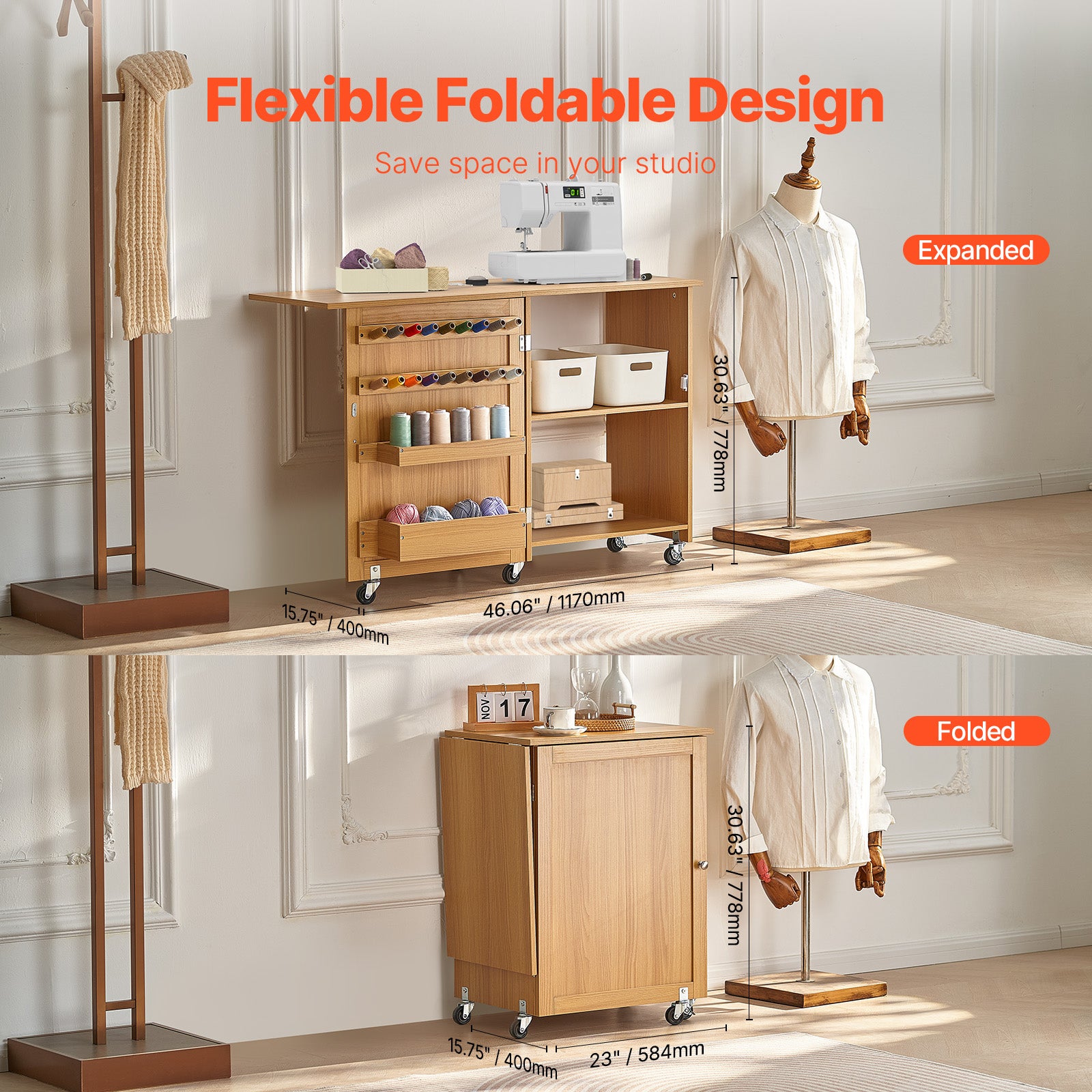 Mesa de Costura Plegable,VEVOR Multiusos para Máquina de Coser,Diseño Compacto,Ruedas,Estantes,Bandejas,Color Madera Natural - 3