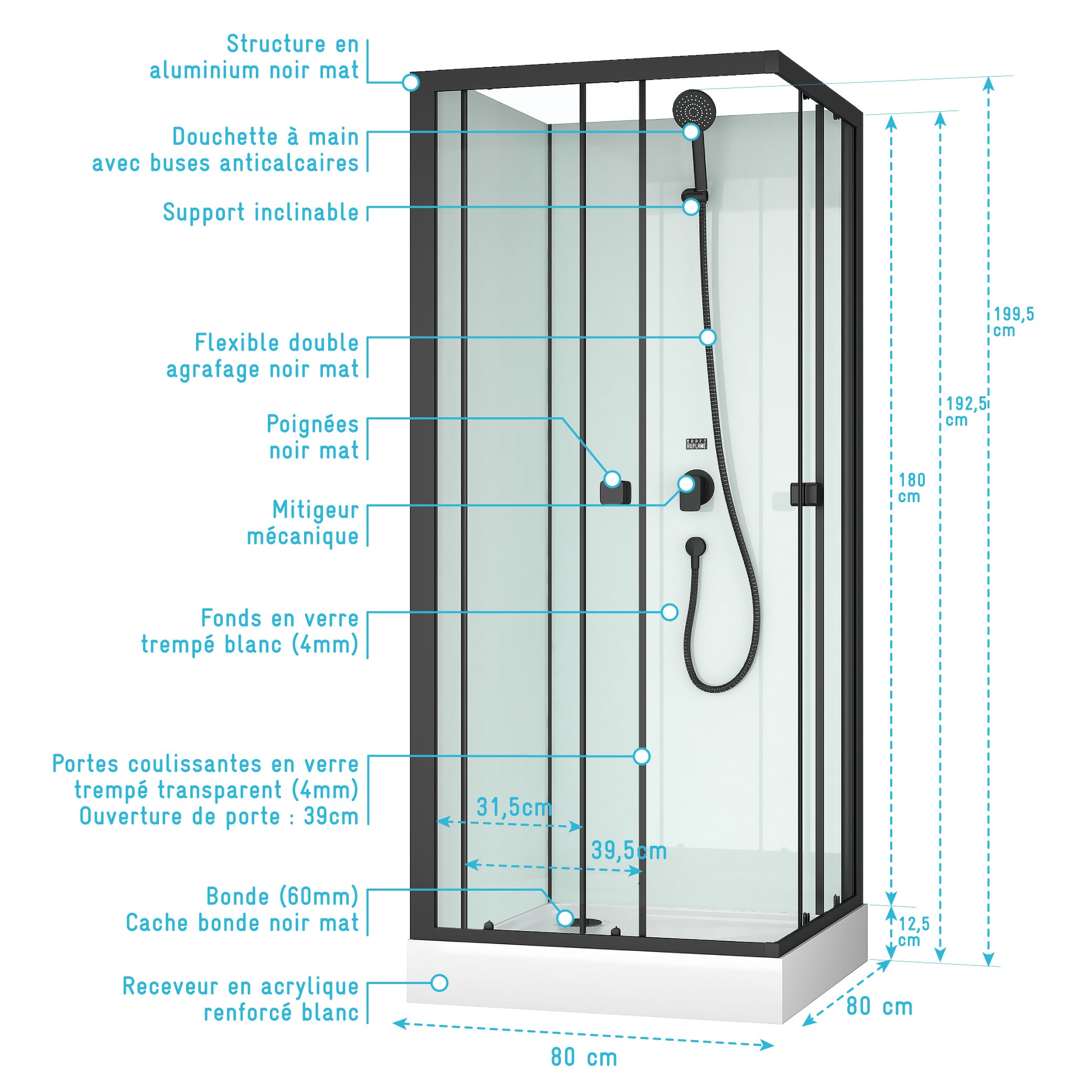 Cabine de douche carrée 80x80x200 cm - Portes coulissantes - Fonds Blancs & Profilés Noir Mat - 4