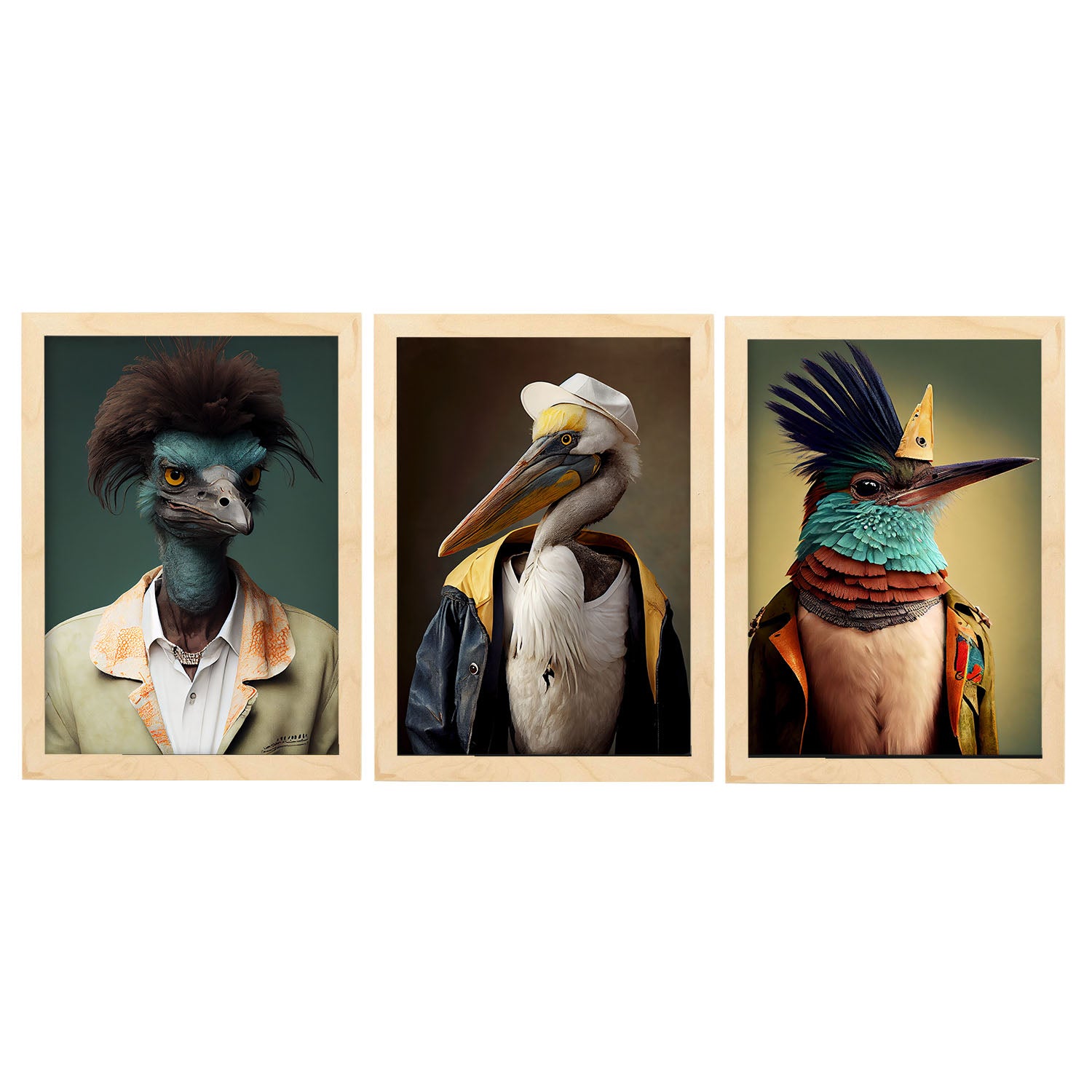 Animal humano nacnico emu hummingbird pelican. estampados de arte de pared estético para el diseño de dormitorio o sala de estar marco negro - a4