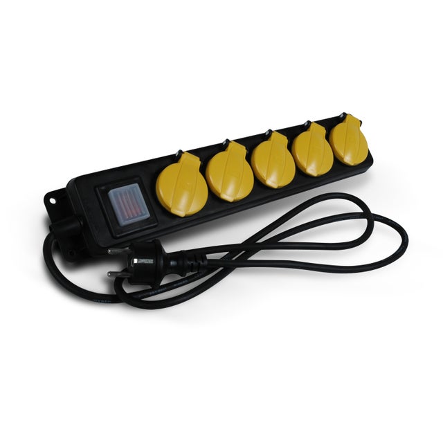 BLOC ETANCHE IP44 5 PRISES 2P+T A CLAPET AVEC INTERRUPTEUR 1M50 NOIR