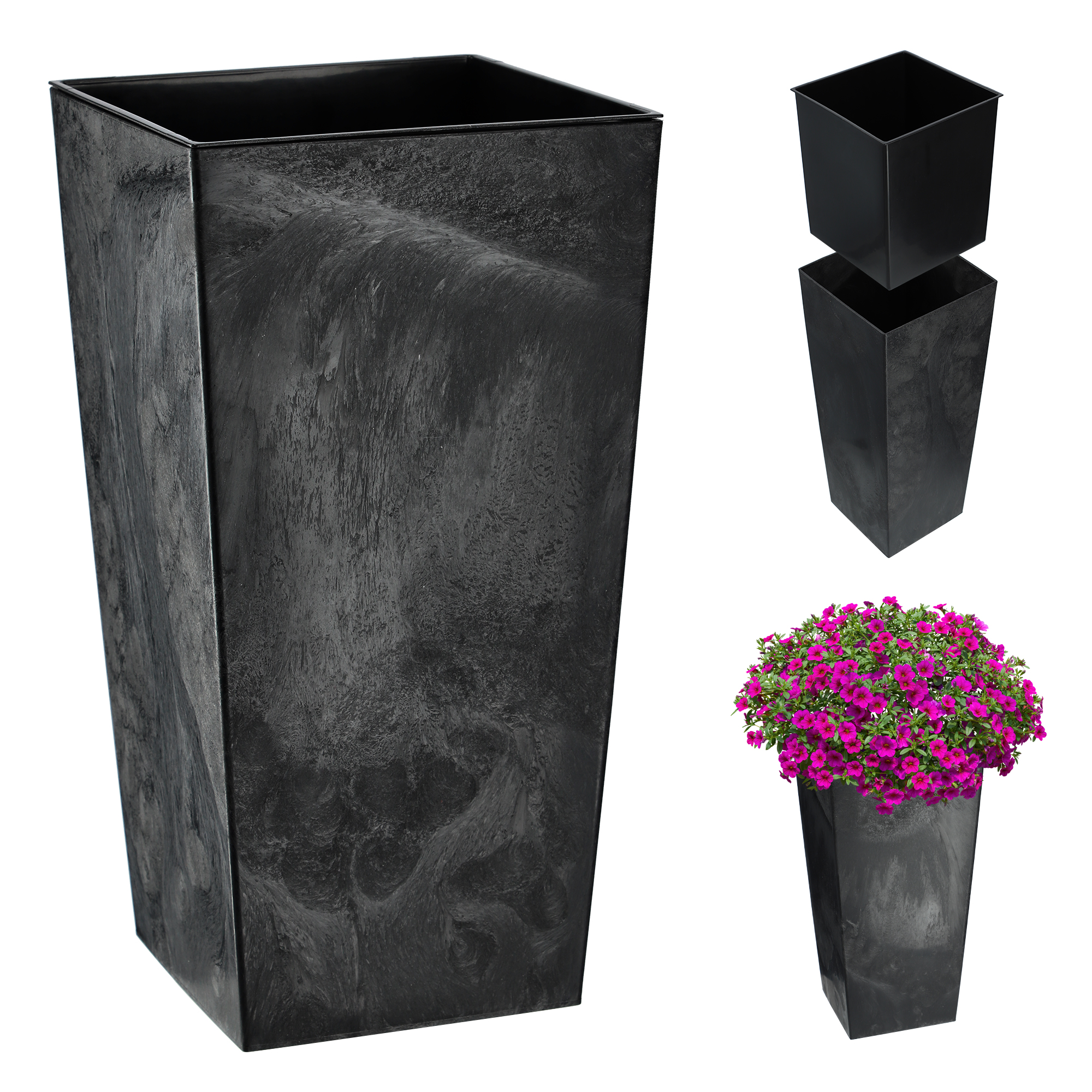 DONICZKA DONICA OGRODOWA Z WKŁADEM NA KWIATY DUŻA WYSOKA CZARNA 24x47cm