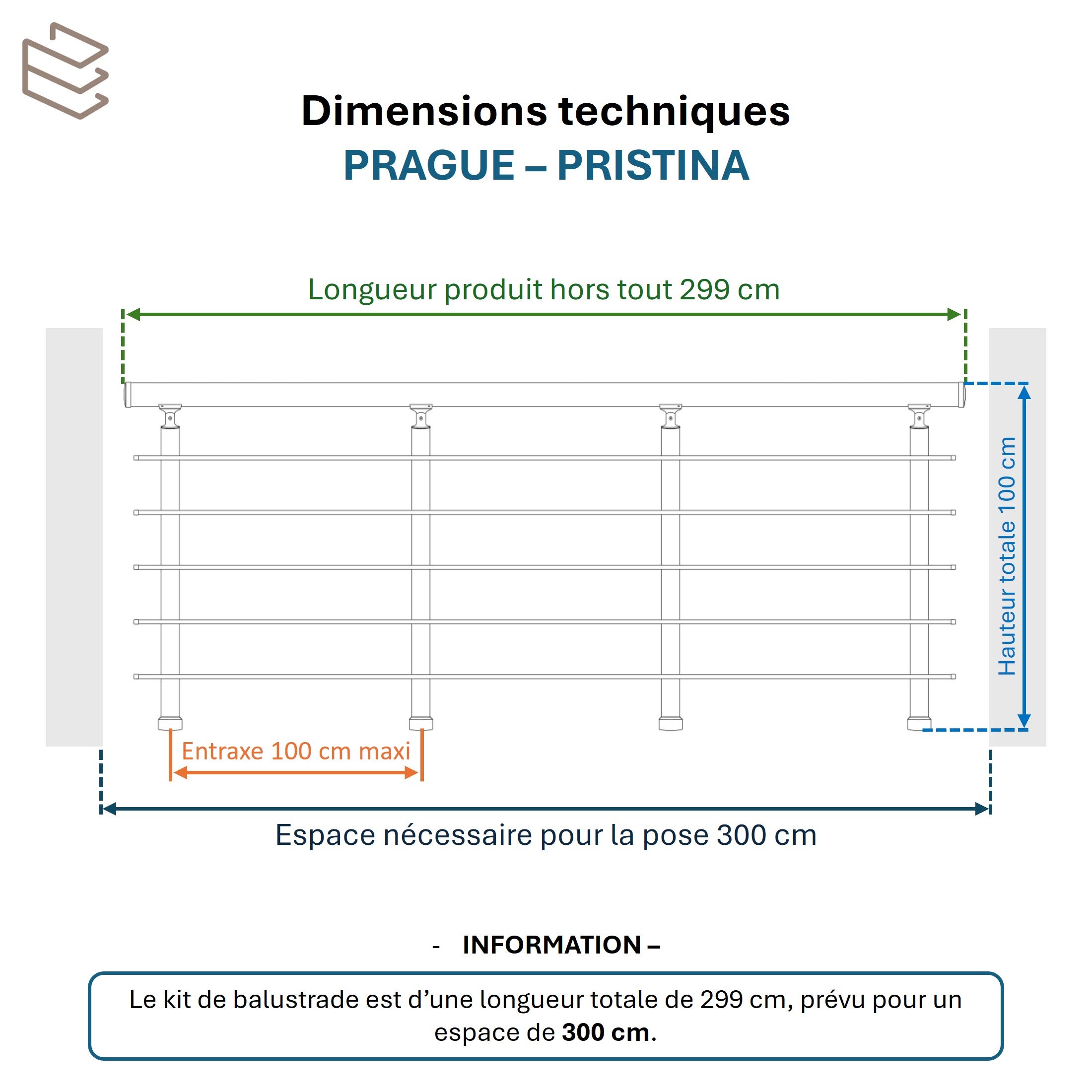 Garde-corps aluminium gris foncé, 3m pose en applique, intérieur et extérieur, PRISTINA 5 lisses, en kit - 2