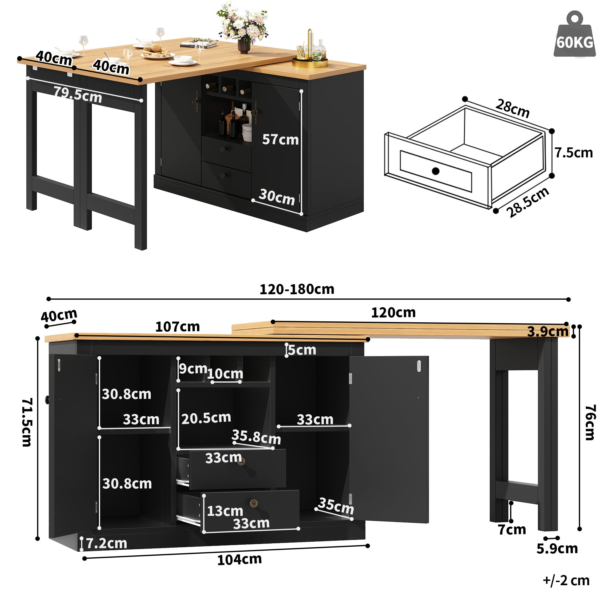 Rozkładany obrotowy stół jadalny z 2 drzwiami i 2 szufladami, wyspa kuchenna - 120-180 x 40 x 71,5 cm - MDF - Czarny + naturalny - 3