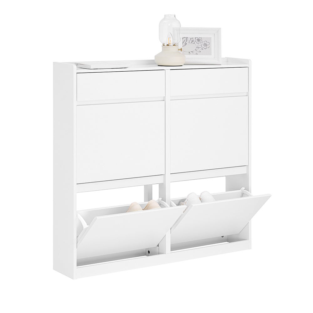 SoBuy Szafka na buty, do przedpokoju, ultracienka – 4 drzwi, 2 szuflady, biała, 98 x 19 x 95 cm, FSR169-W