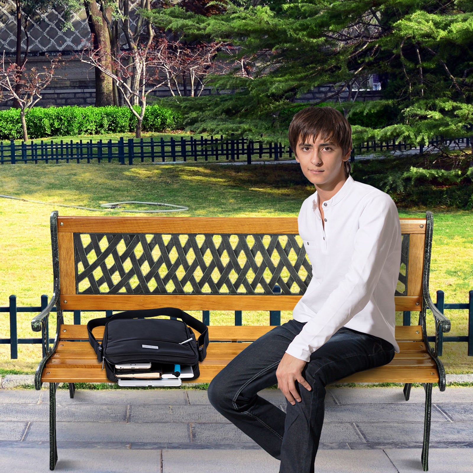 Banc de Jardin Mobilier Extérieur 125 cm en Fonte Siège à Lattes Cadre en Bois Dossier en Plastique Capacité de Charge 210KG - 2