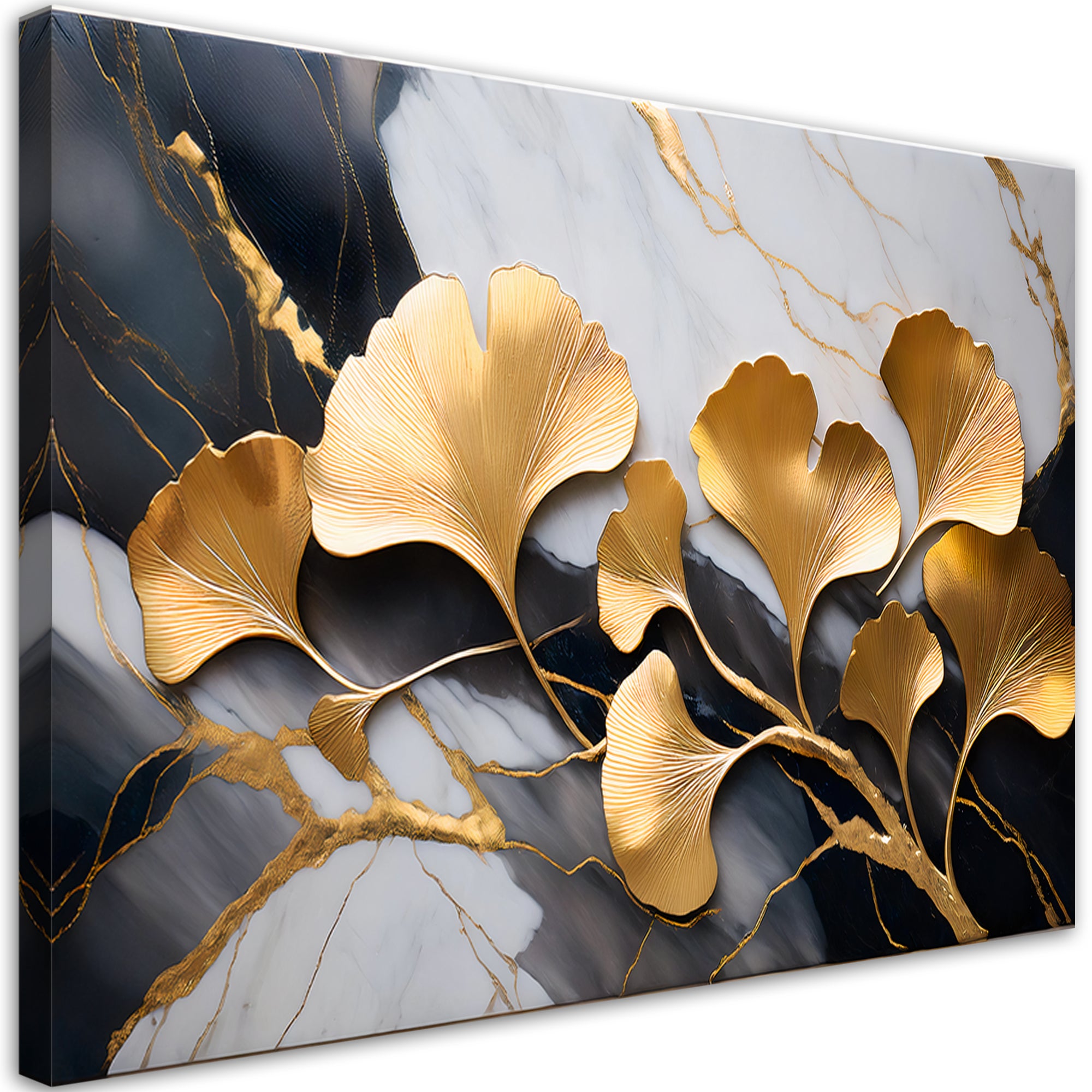 Obraz na płótnie, Kwiaty Ginko Botanika Marmur Szaro Złoty 90x60