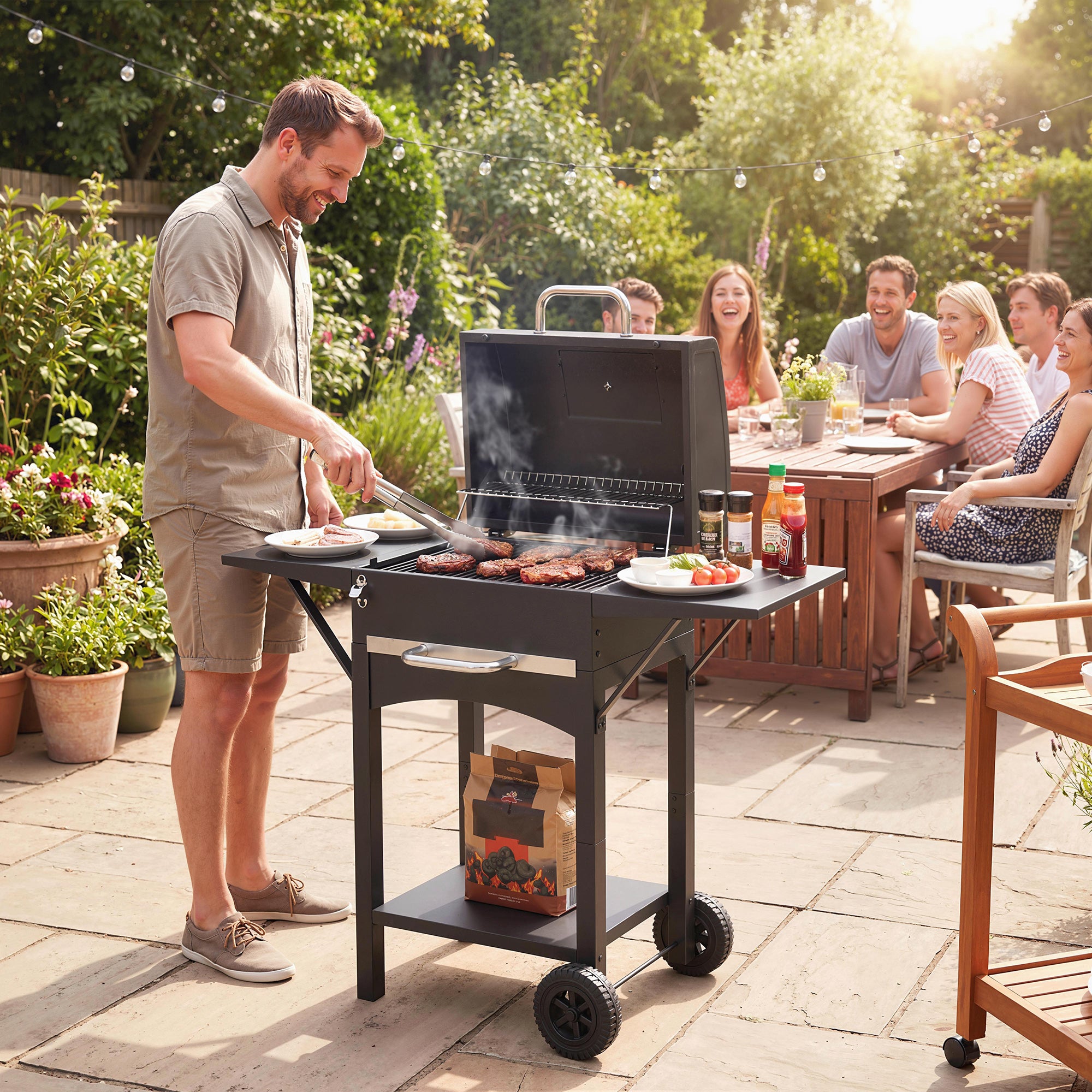 Barbecue à charbon avec couvercle, fumoir avec 2 tablettes latérales, grande surface de cuisson, grille, thermomètre, roulettes - 3