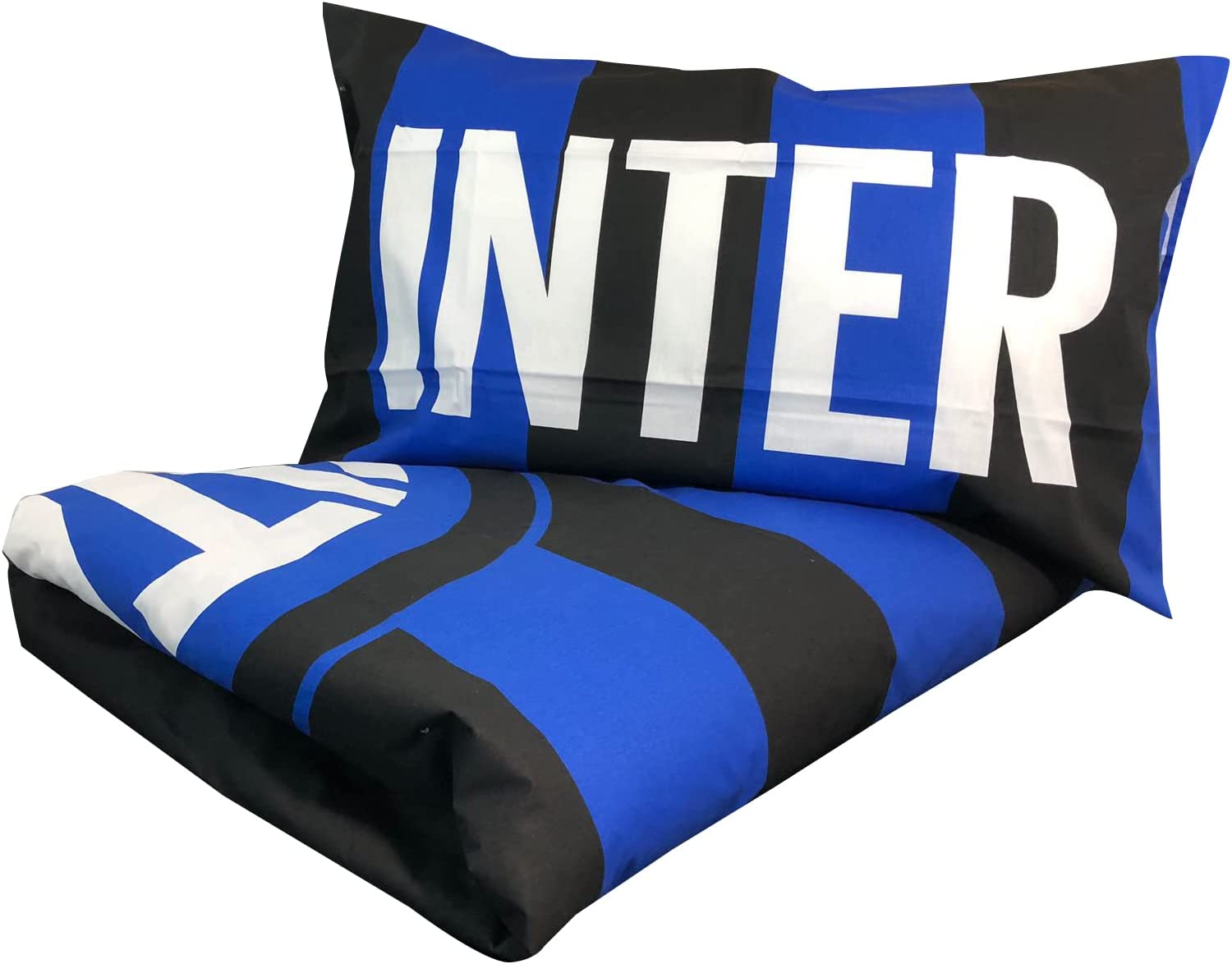 Completo Letto Inter In Cotone, Nero/Blu, 150x295 Cm, Lenzuolo Sotto Con Angoli 90x200 Cm, Federa 52x80 Cm, Produzione Italiana