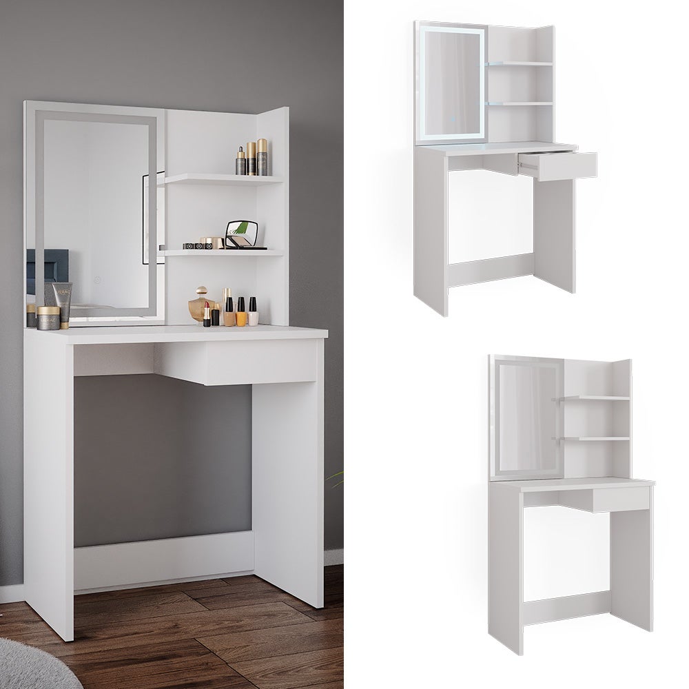 Ensemble Coiffeuse Vicco Dekos Blanc – Avec Miroir LED, Tabouret, Tiroir, étagères