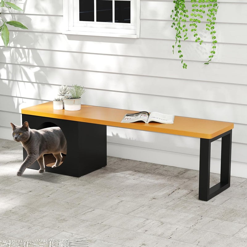 Ławka Ogrodowa dla 3 Osób z Legowiskiem dla Kota, 2 Drzwiczkami, Ławka Wewnętrzna z Legowiskiem, Odporna na Warunki Atmosferyczne, bez Oparcia