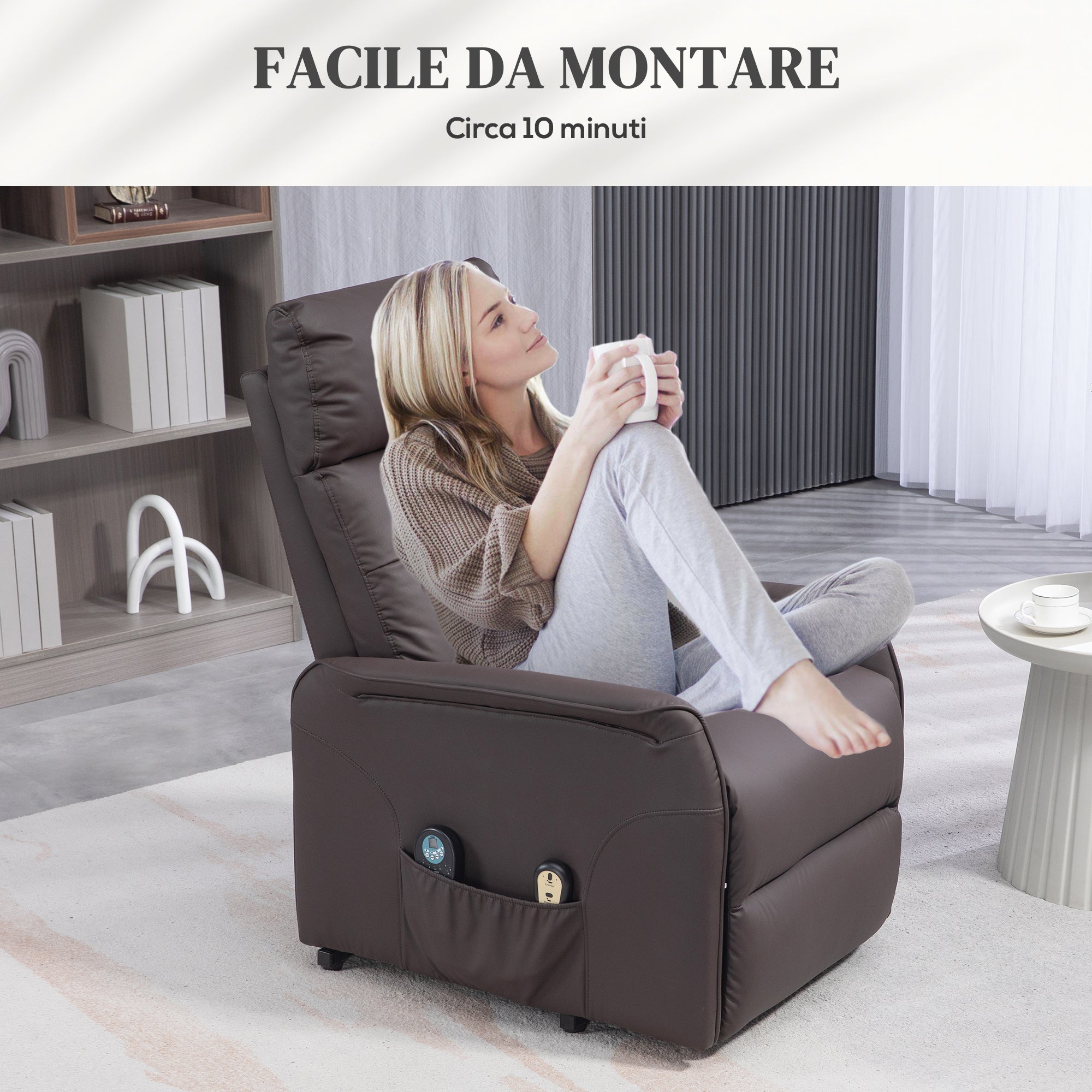 HOMCOM Poltrona Relax Alzapersona e Reclinabile con 8 Punti Massaggio e Riscaldamento, 2 Telecomandi, Marrone - 8