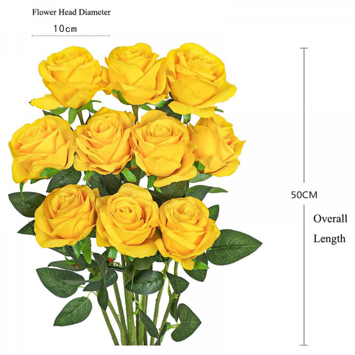 Lot de 10 roses artificielles en soie à longue tige pour bouquet de mariage, centre de table ou décoration d'intérieur (jaune) - 6