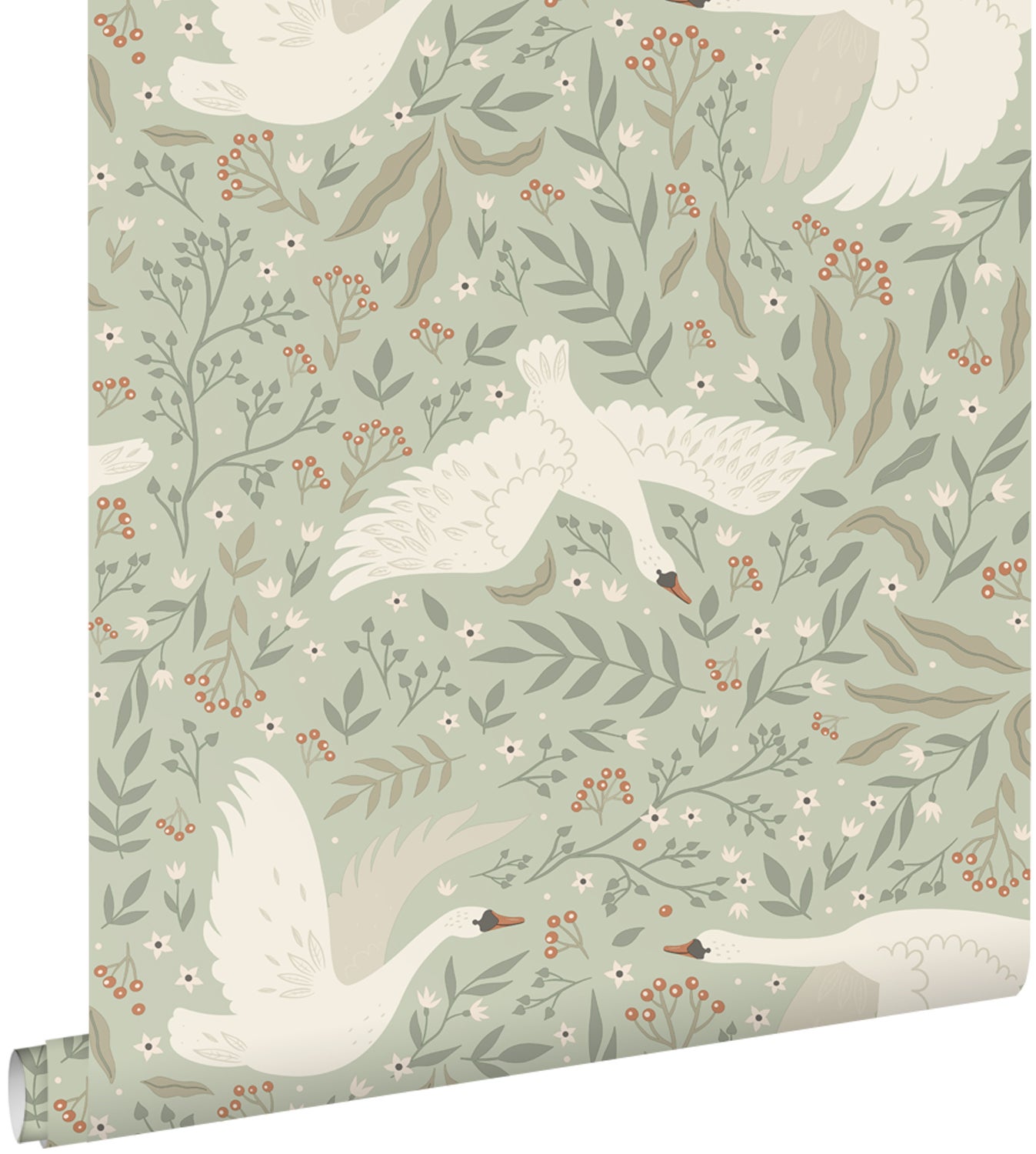 Papel pintado cisnes menta verde - 53 cm x 10.05 m - estahome