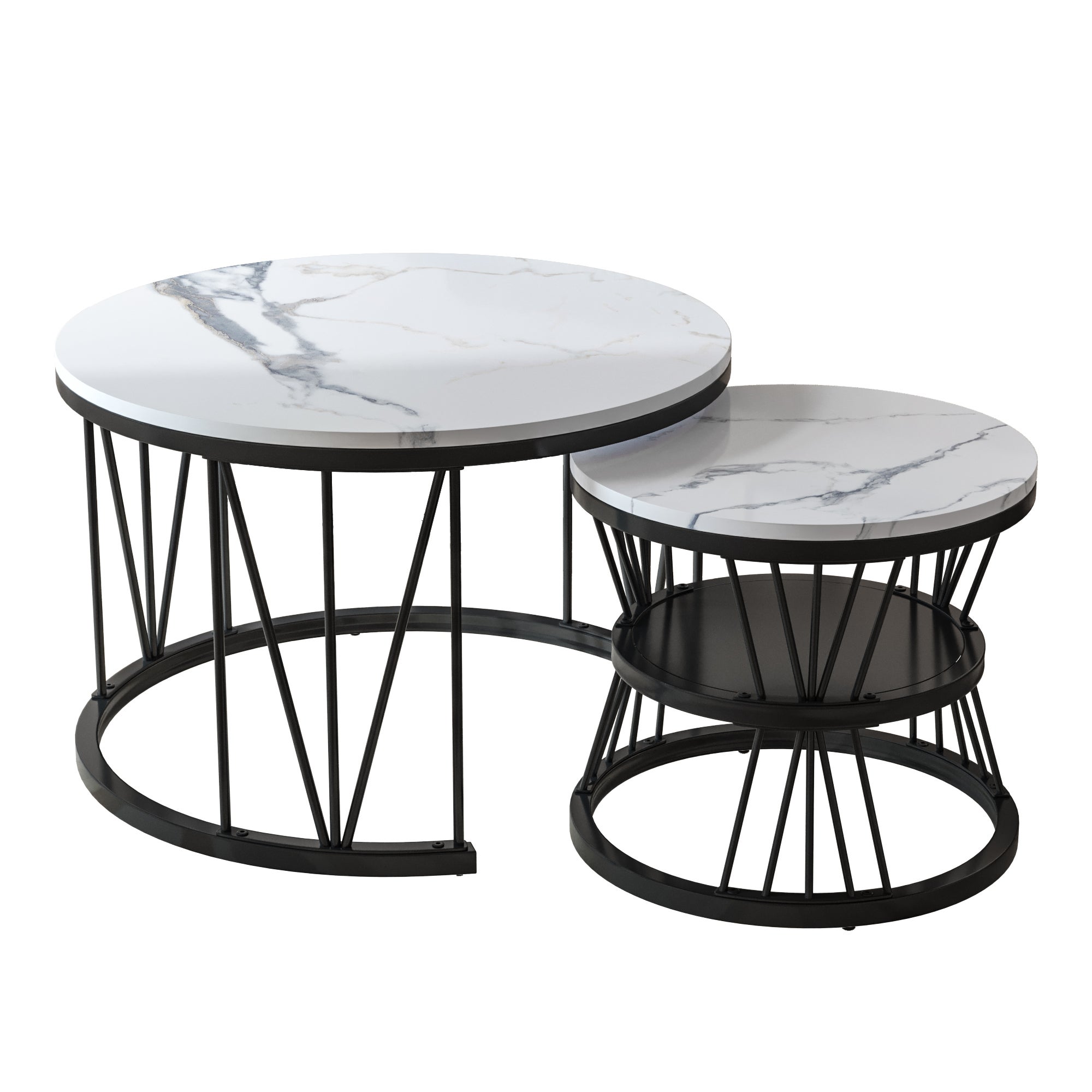 Ensemble de 2 Tables Basses Rondes, Tables Gigognes de Salon Modernes avec Pieds en Métal Doré, Noir et Blanc(70 x 45cm) - 7