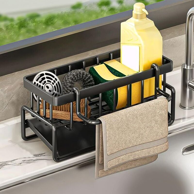 Przechowywanie i organizacja w kuchni – organizer pod zlew ze stali nierdzewnej z samoodpływową tacką, uchwytem na gąbkę i wieszakiem na ręczniki – cz