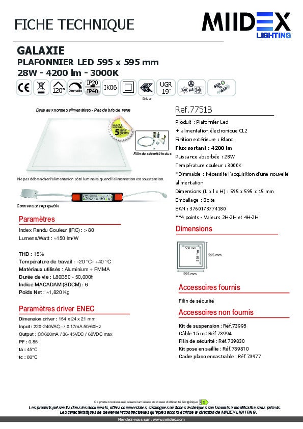 Plafonnier LED 595x595mm - 28W - Blanc chaud 3000K - Garantie 5 ans - 8