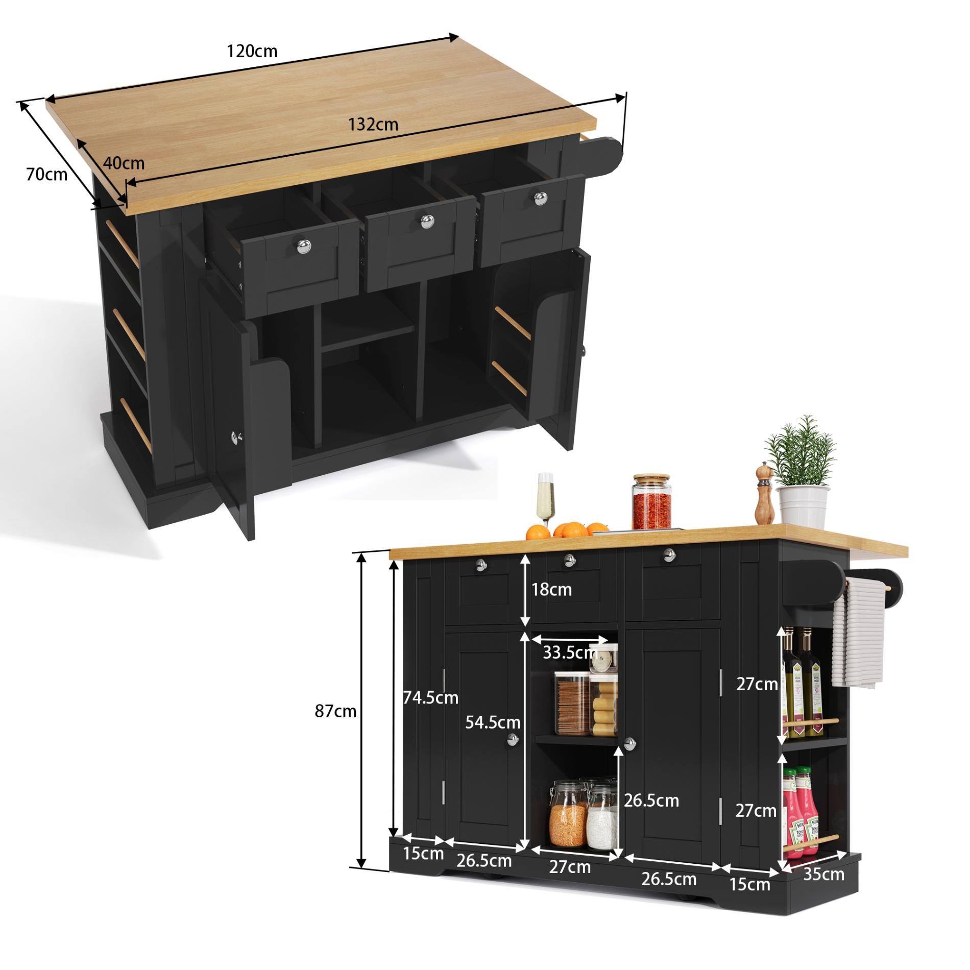 Îlot de Cuisine Mobile 132cm avec Plateau Extensible, Rangement Multifonction, Prise Intégrée, 5 Roues et Porte-Serviette en Bois - 8