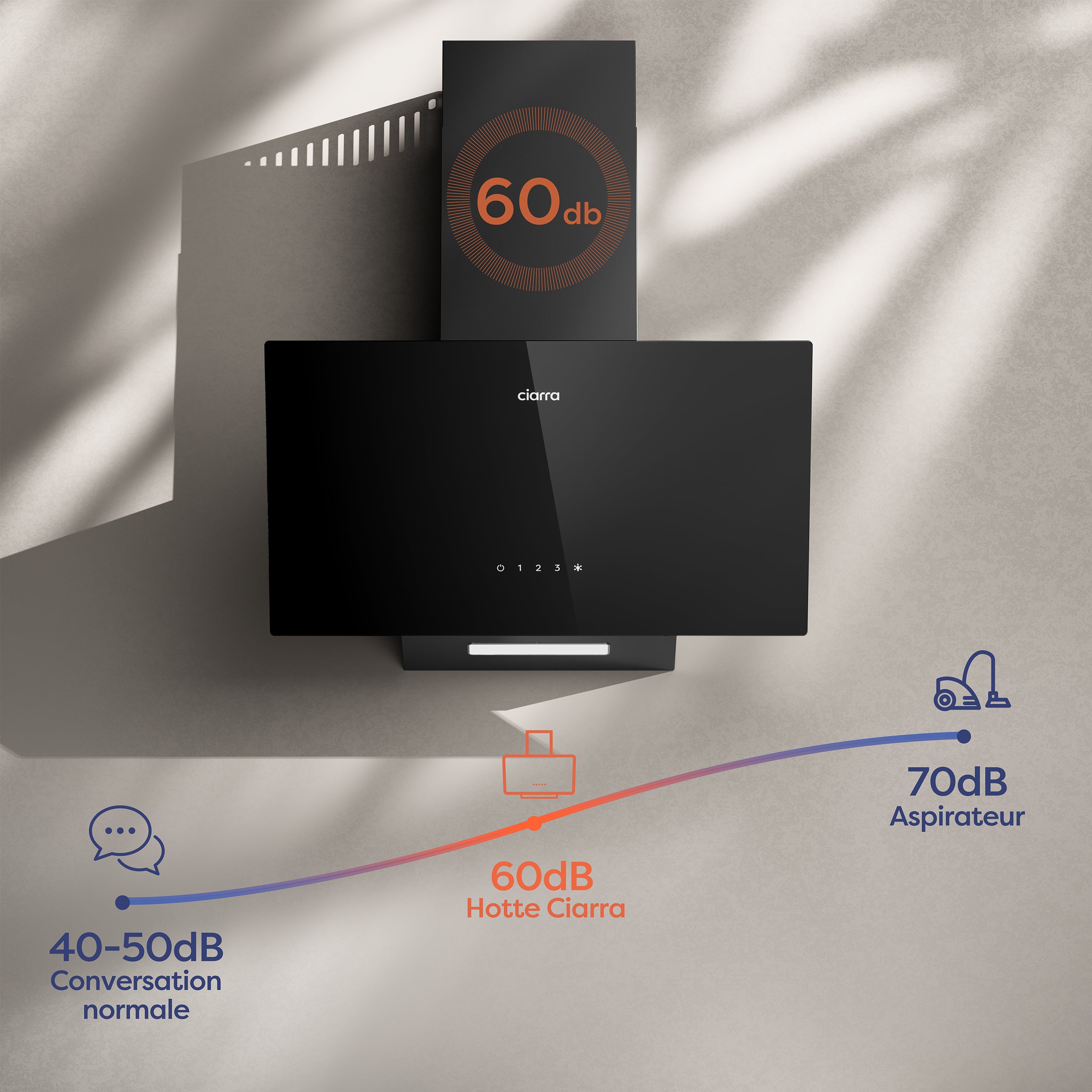 CIARRA Hotte Aspirante Inclinée 60cm 350 m3/h Classe A++ Recyclage Ou Evacuation Noir CD6750CB - 3