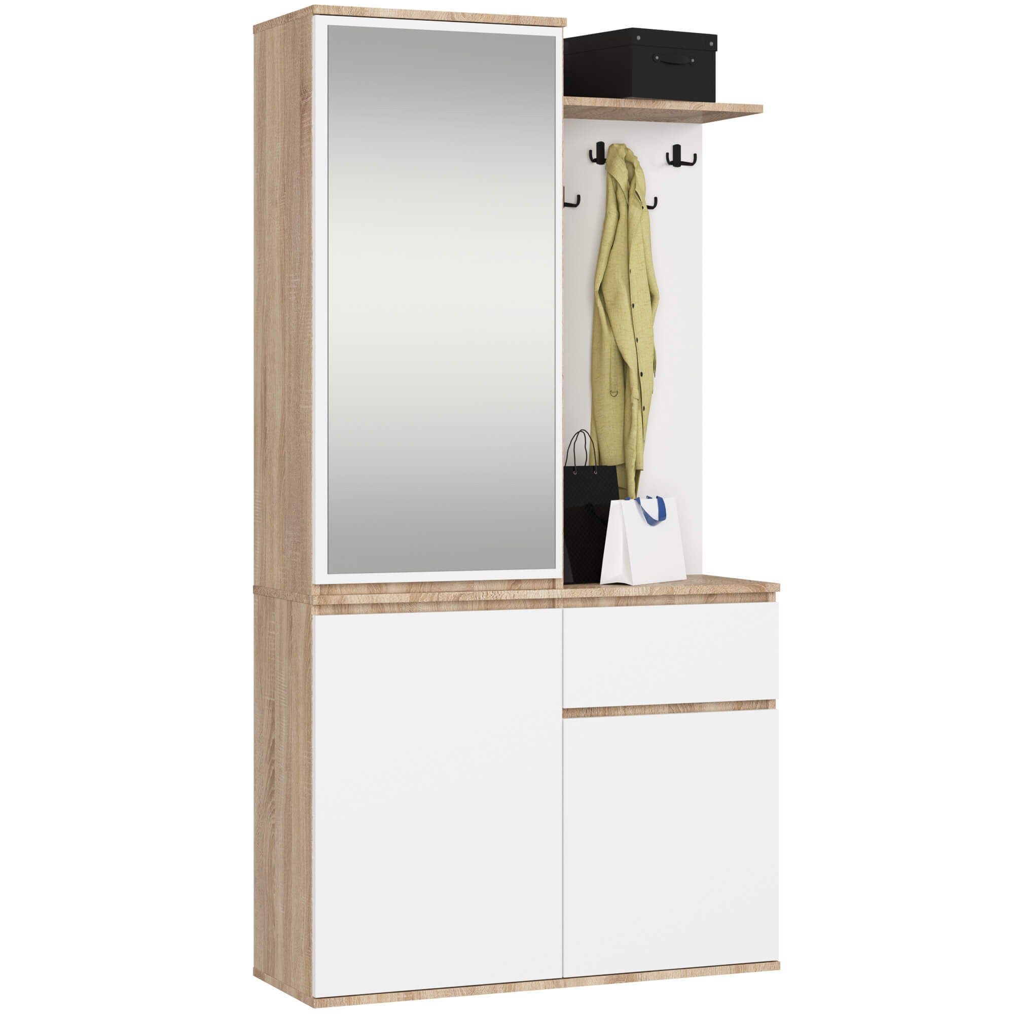 Zestaw do przedpokoju z lustrem AKORD ENTRO Dąb Sonoma, Biały 95 cm 1 szuflada 3 drzwi 7 półek 95x35x183 cm
