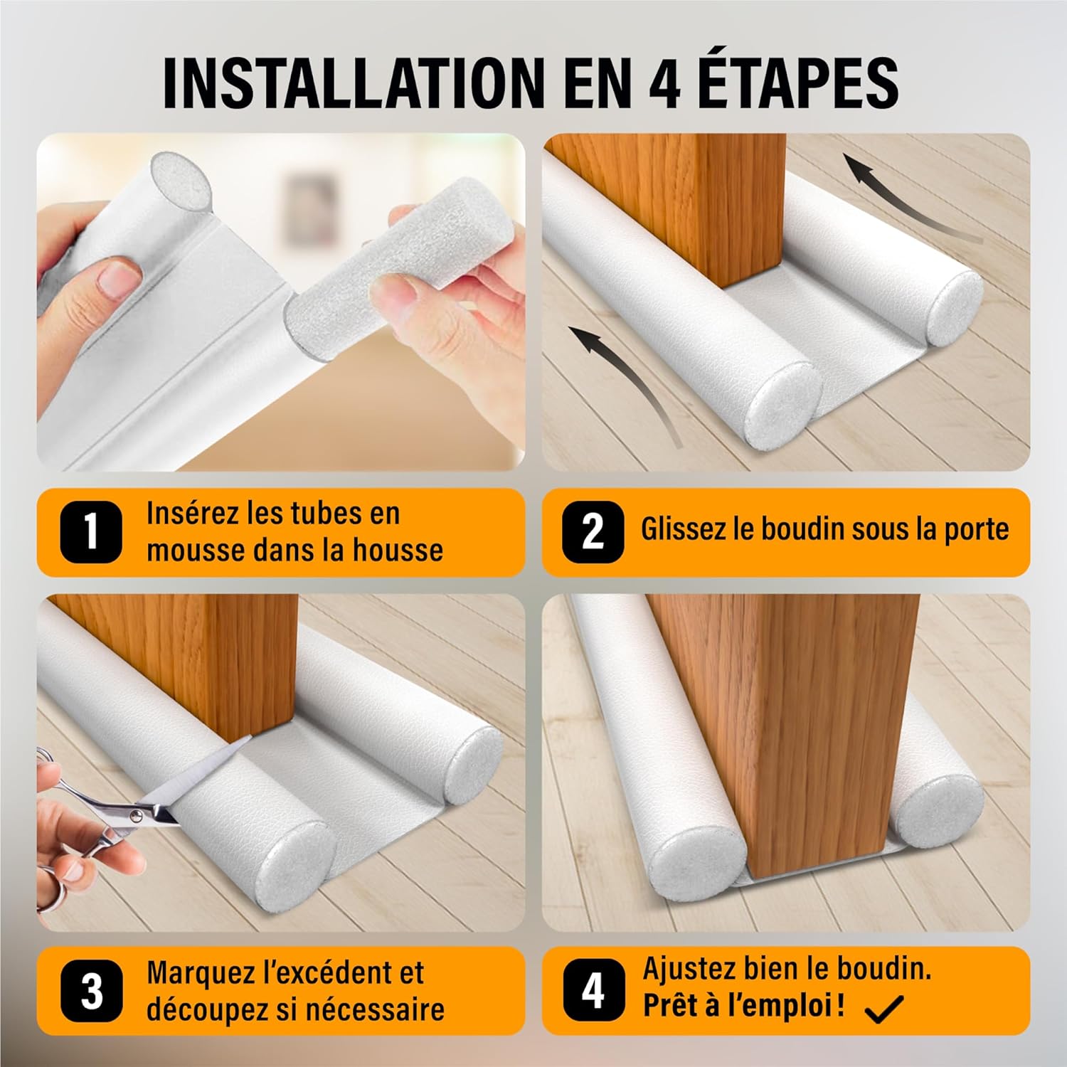 Boudin de Porte Isolant Froid –Anti Courant d'air, Isolation Phonique et Thermique, Coupe-Froid,Ajustable jusqu'à 93cm (1, Blanc) - 4