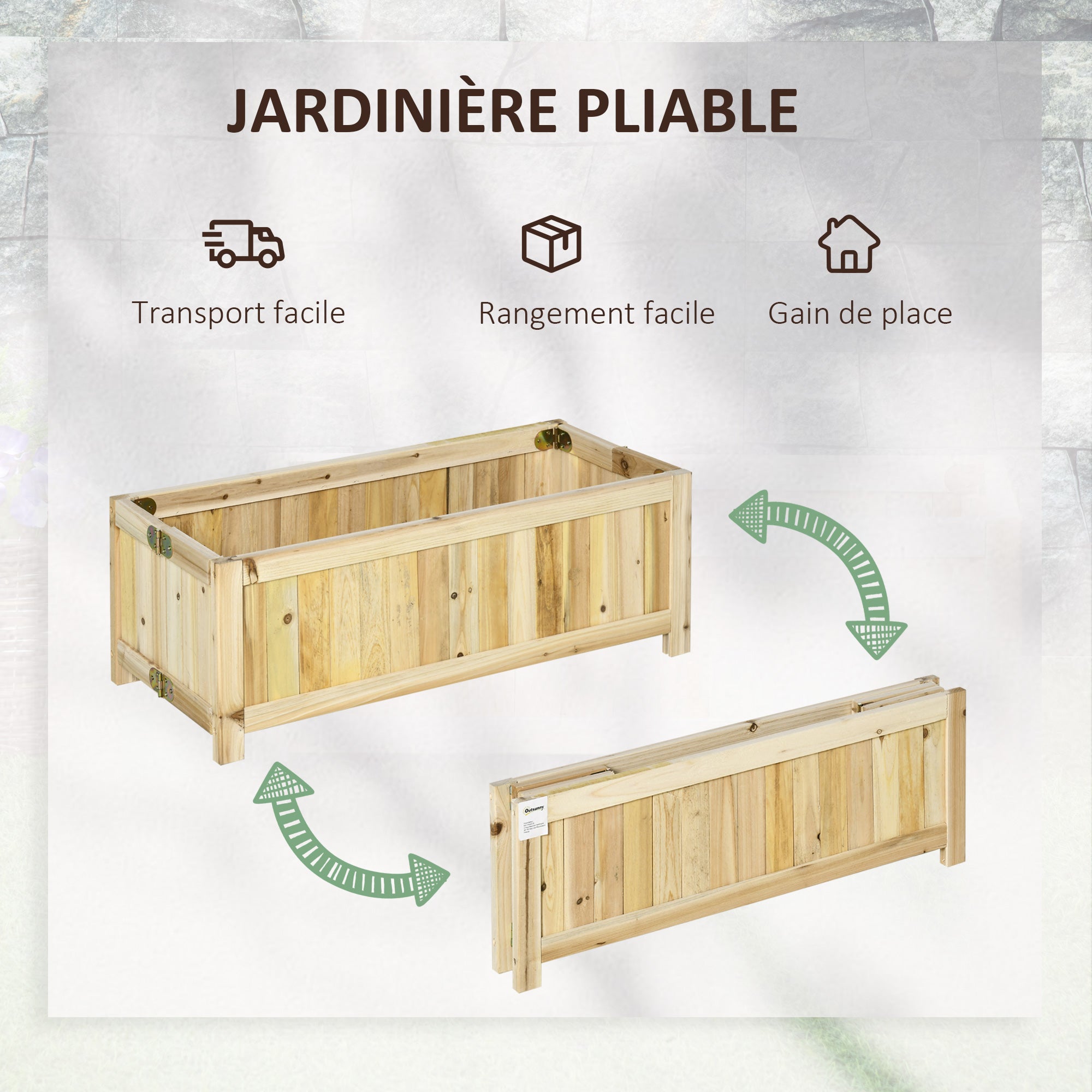 Jardinière sur Pied Pliable bac à Fleurs dim. 70L x 30l x 25H cm Corps Aspect Lattes Bois Sapin pré-huilé - 6