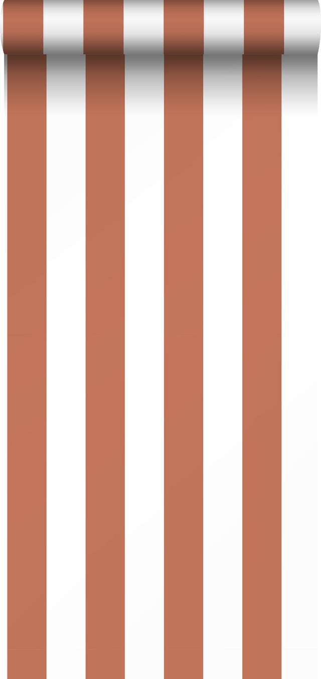 Papier peint rayé terracotta et blanc - 50 x 900 cm - Sanders & Sanders