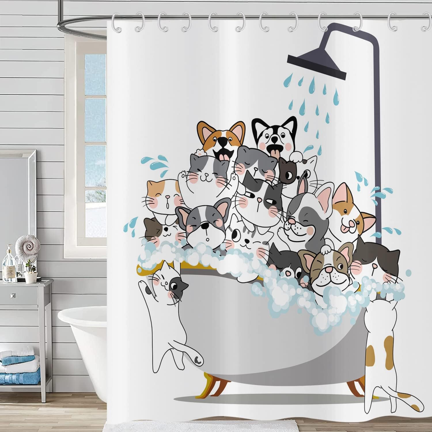 Rideau de Douche Drôle 90x180, Animal de Bande Dessinée Chat et Chien ...