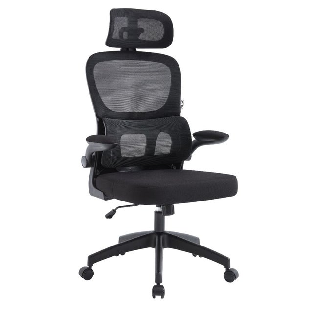 Silla de Oficina con Reposabrazos Sillón Giratorio Ergonómico con Apoyo Lumbar y Reposacabezas Ajustable, Respaldo Giratorio - Negro