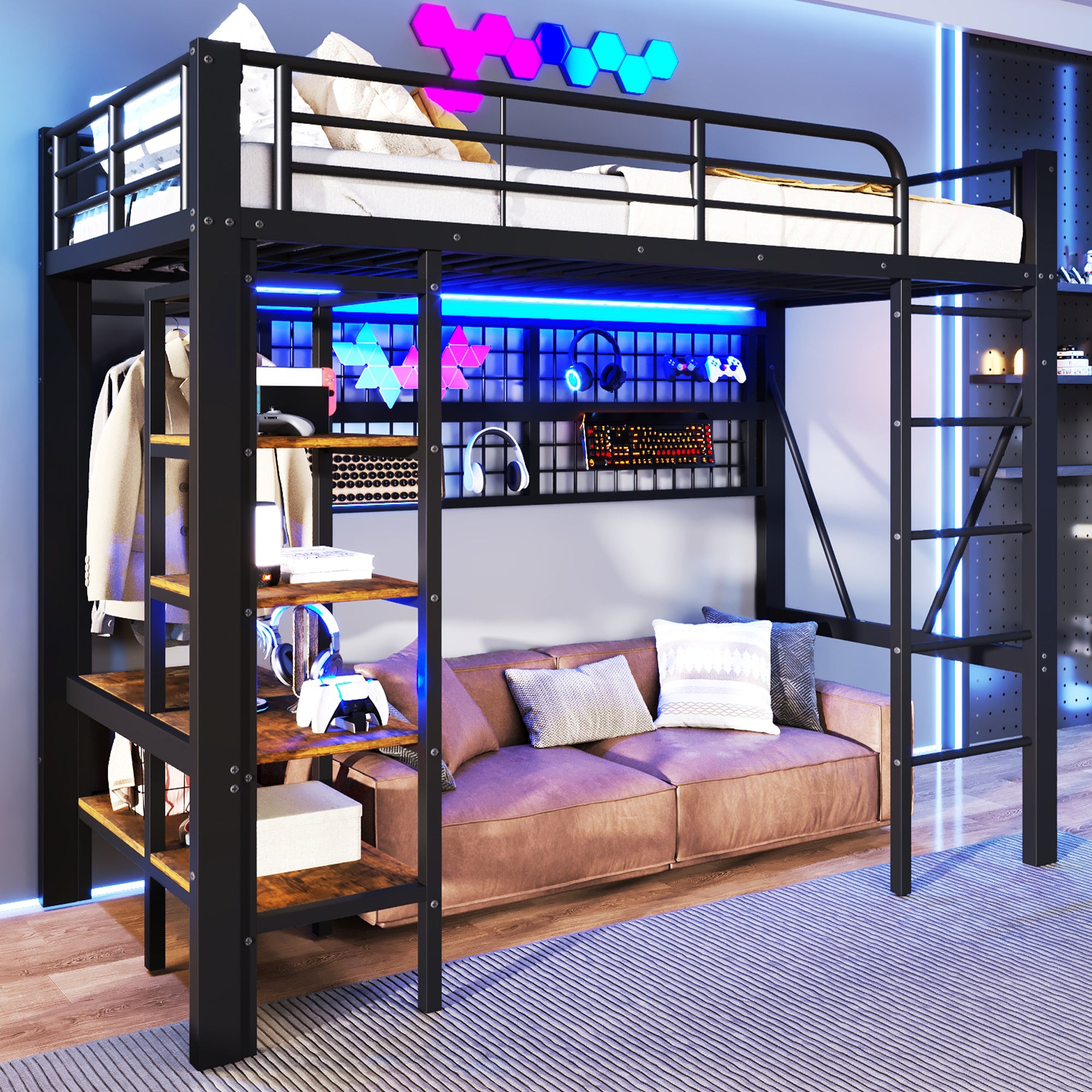 Lit mezzanine 90x200cm multifonction avec rangements, Lit simple avec LED intégrées, filet suspendu et barre pour vêtements, structure métallique Noir - 3