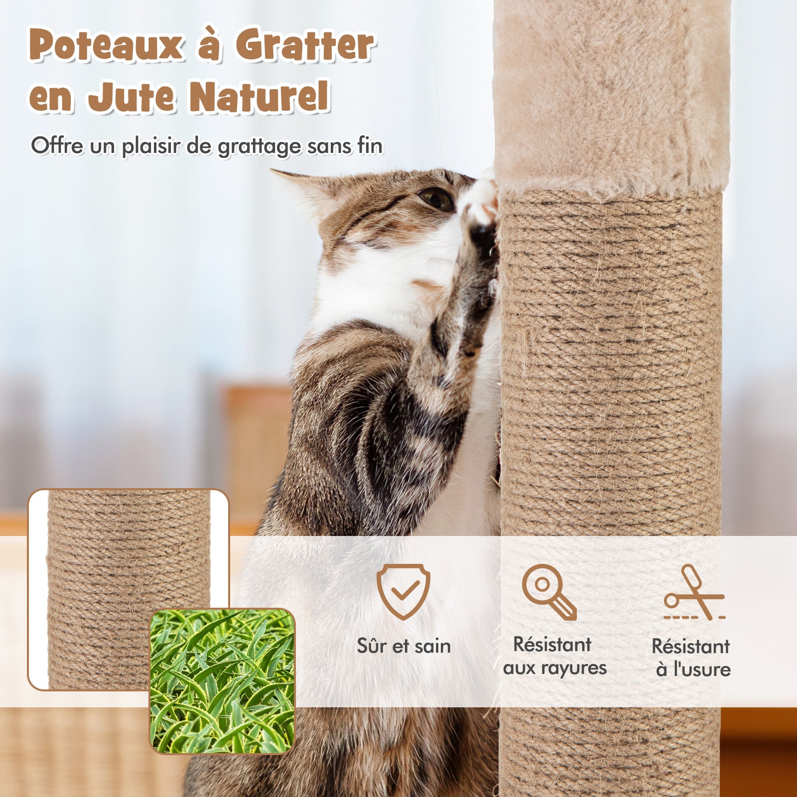 Arbre a Chat Bois 164 cm, 3 Griffoirs Chat en Jute, 5 Plateformes, Quenouille Tressée, Coussins Amovible, 2 Pompons, Tour pour Chat à 6 Étages - 6
