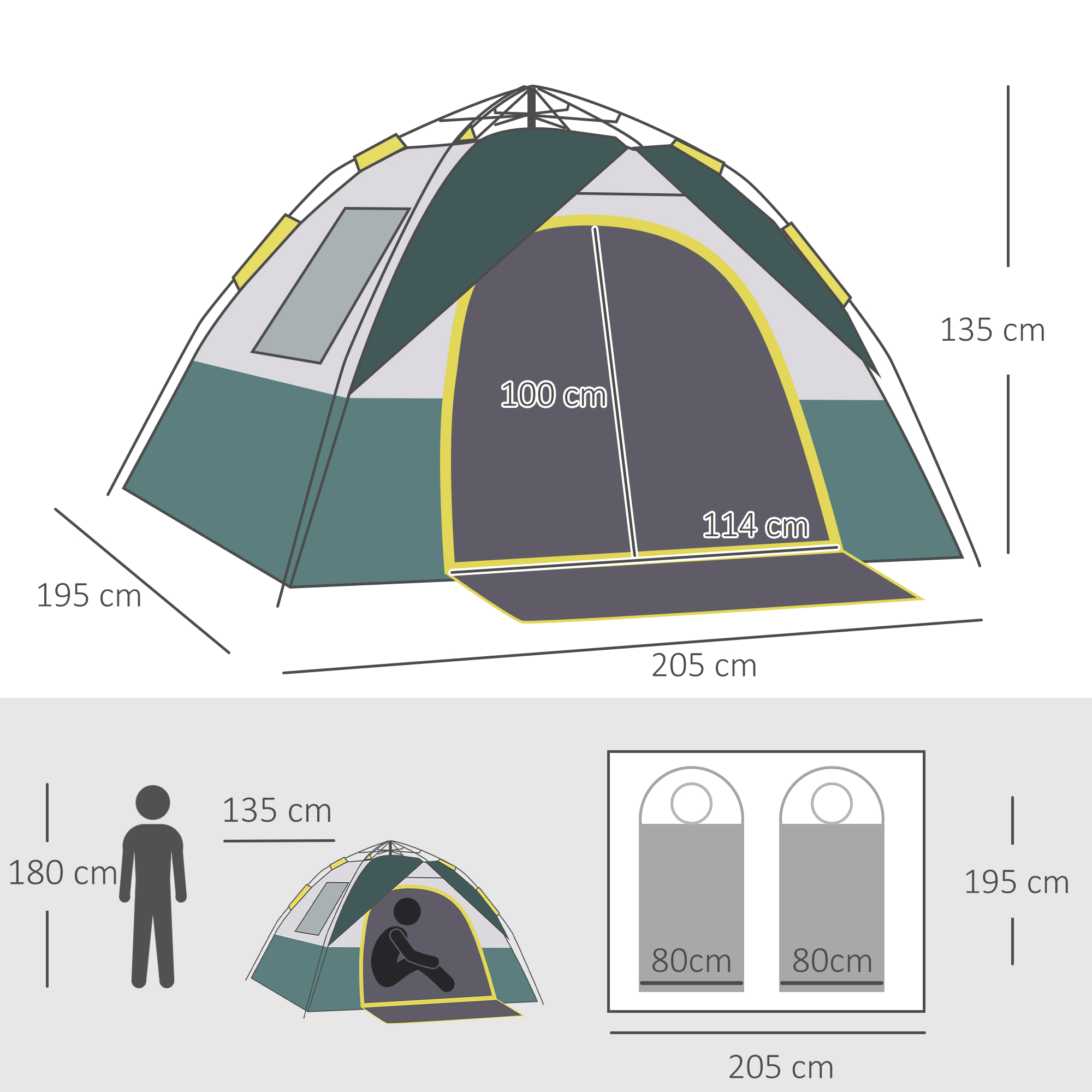 Tente de camping pop up 3 personnes avec sac jaune gris vert - 3