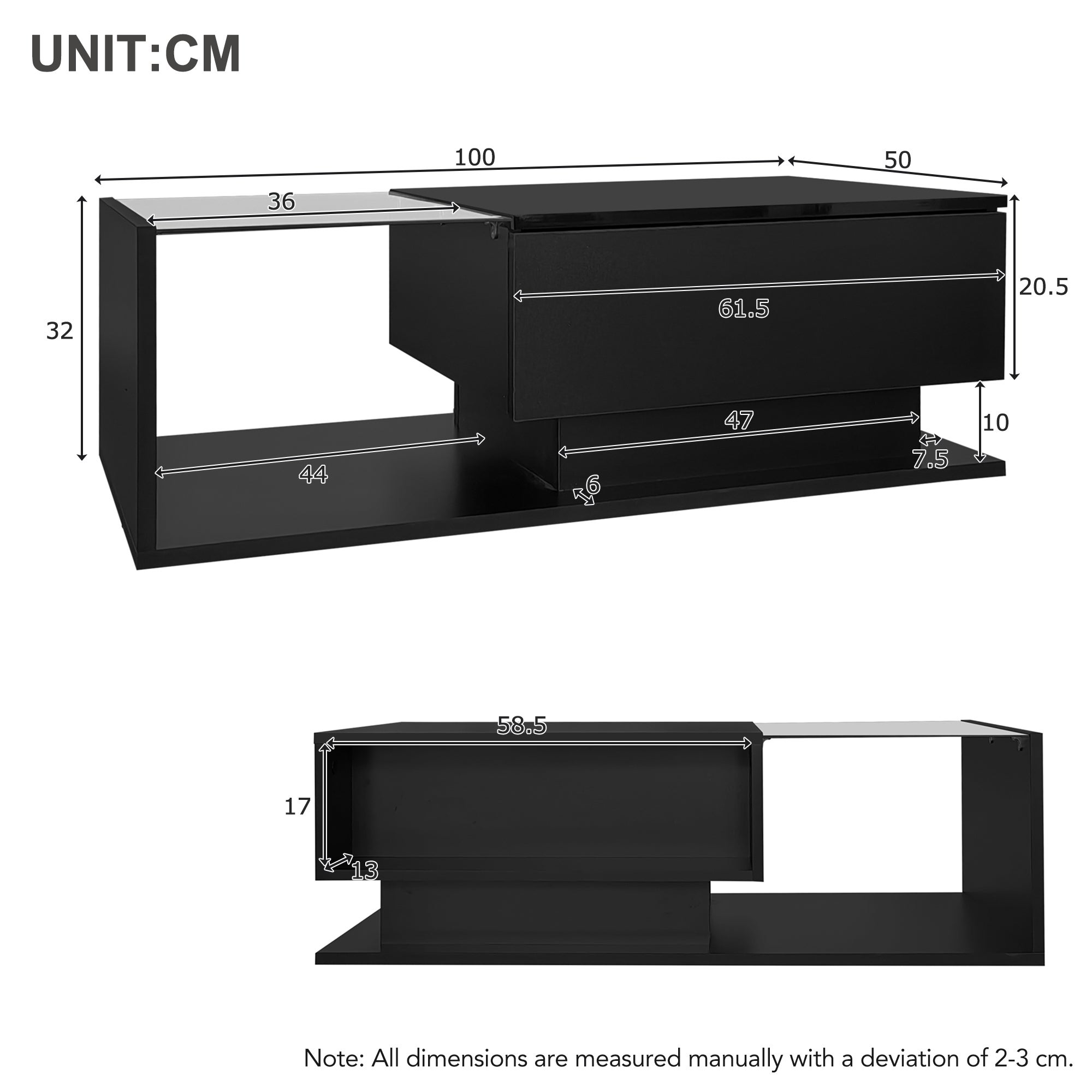 Table basse avec grand tiroir - 100x50x32 cm - LEDs - plateau en verre - Panneaux de particules - Noir brillant - 9
