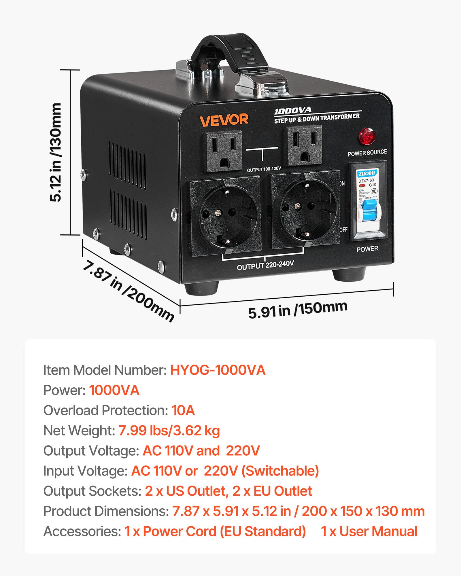Transformateur VEVOR 220 V à 110 V et 110 V à 220 V, 1000 VA, avec Prises Américaines, Européennes, Cordon d'Alimentation, Protection par Disjoncteur - 7