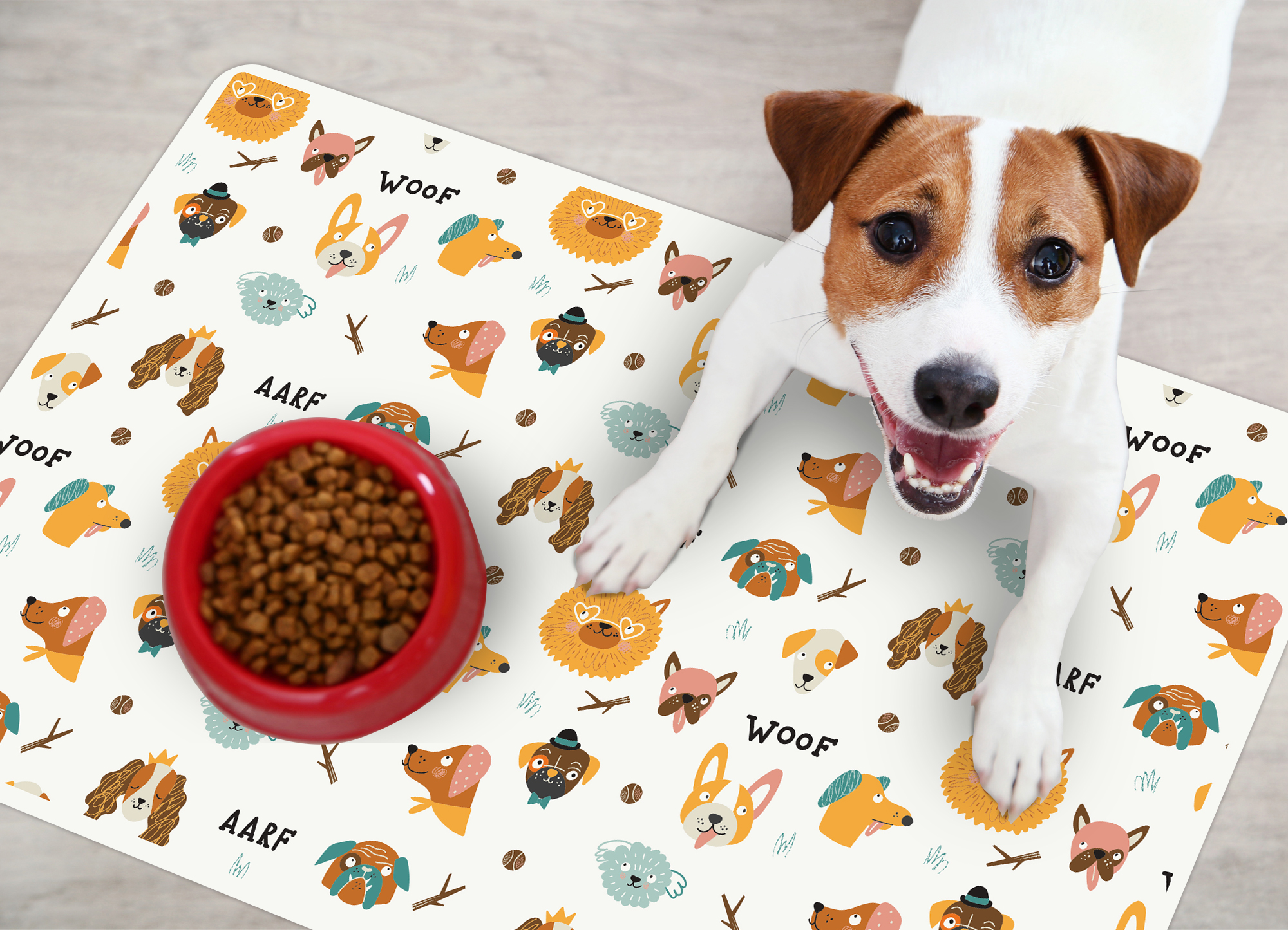 Alfombra de vinilo mascotas, woof 48x75 cm - pvc antideslizante, impermeable, lavable, ignífuga