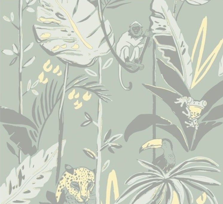 Papel pintado infantil tejido no tejido in the jungle verde y gris - rollo de 10,05 x 0,53 mts