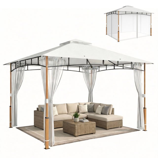 Gazebo 3 x 3,6 m, double toit UPF50+ avec moustiquaire, couleur crème