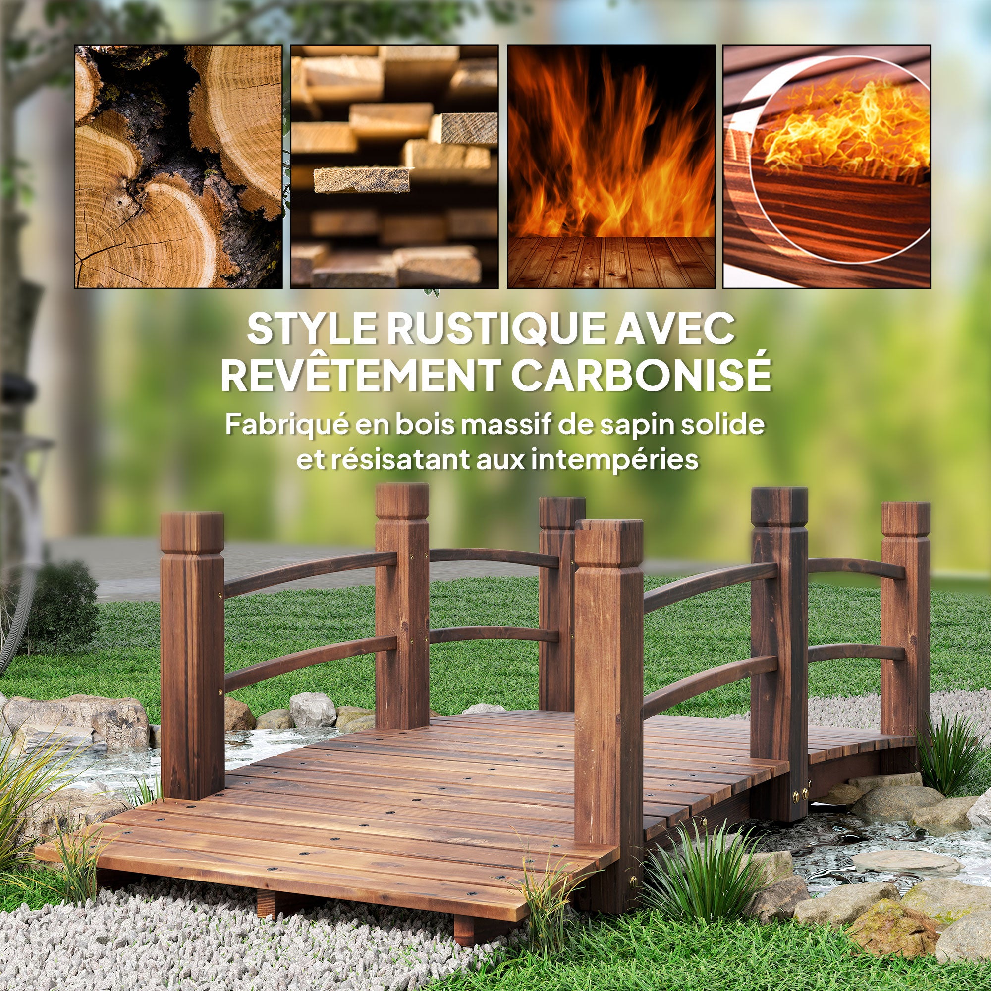 Pont de jardin passerelle bois de sapin traité carbonisation - 4