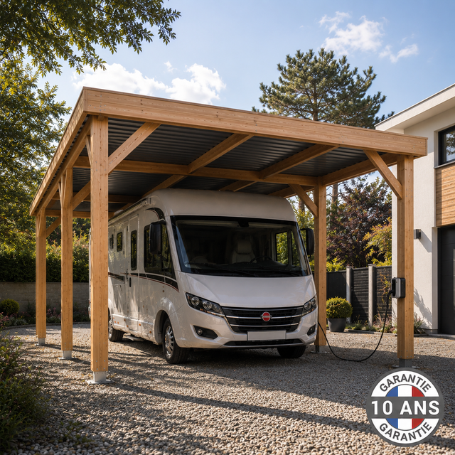 Carport Camping-Car Bois Douglas Français 31 m² - Toit plat - 450 x 700 cm - 6 poteaux - Garantie 10 ans