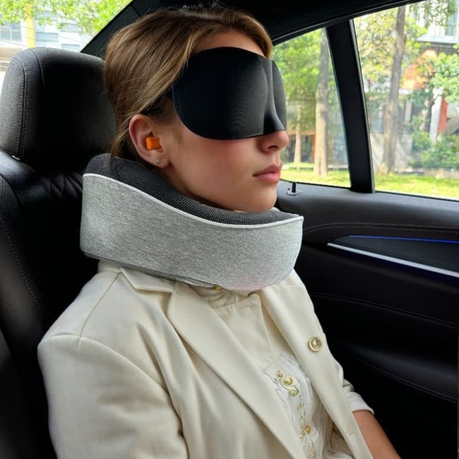 Oreiller De Voyage Cervical à Mémoire De Forme - Confort Ultime Avec Masque Yeux, Bouchons Oreilles & Sac Rangement - Gris Foncé