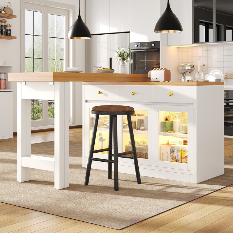 Îlot de cuisine moderne avec éclairage LED,Îlot de bar rétractable avec 3 tiroirs et portes vitrées,Chariot de cuisine multifonctionnel, Blanc - 6
