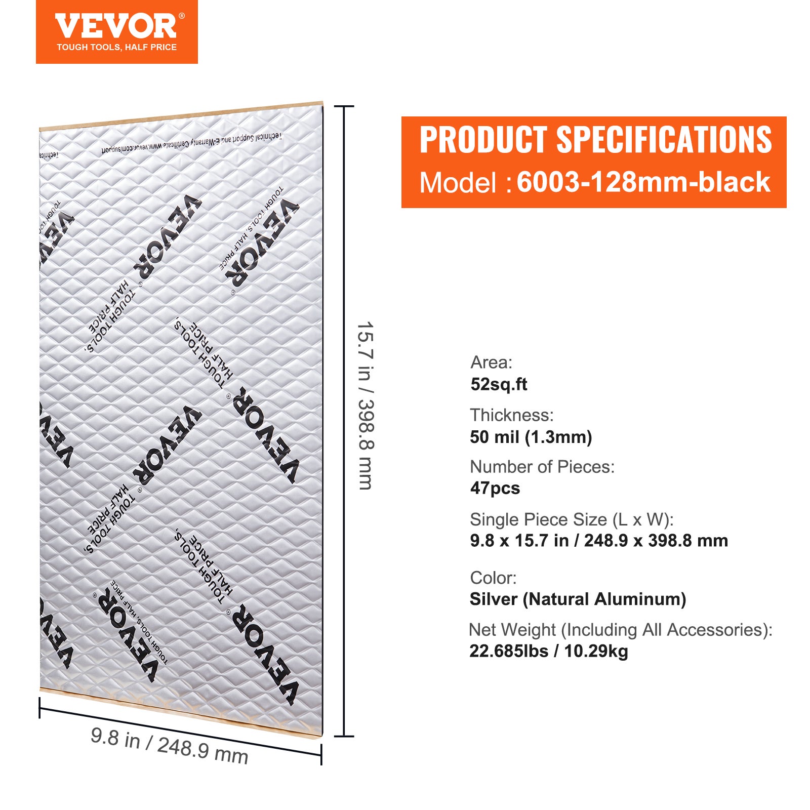 Tapis d'Isolation Phonique VEVOR 1,3 mm Insonorisation Voiture 4,8 m² Matériau Insonorisant Automobile Caoutchouc Butyle 248,9x398,8 mm Tapis Isolant - 7
