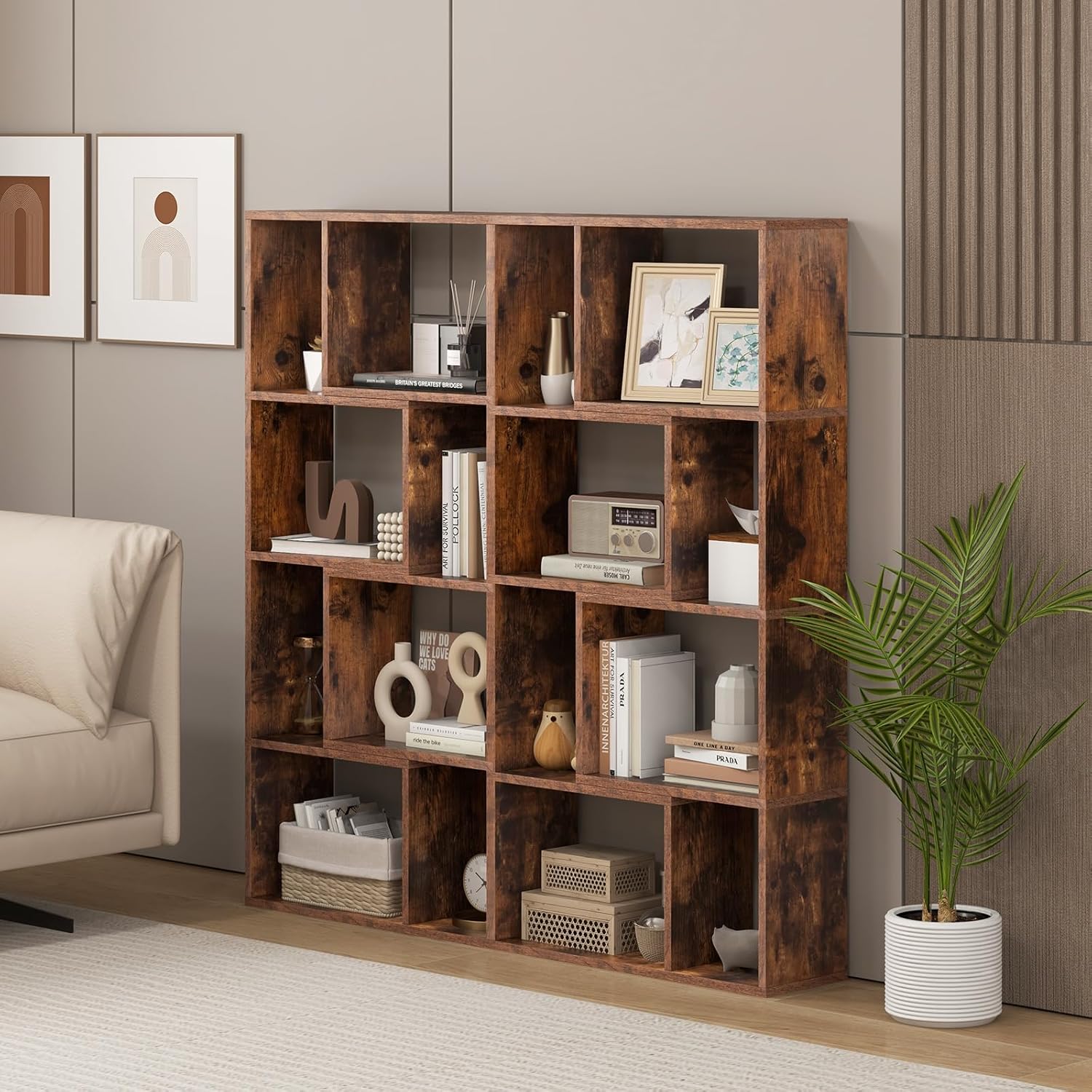 Bibliothèque Étagère à 8 Compartiments Ouvertes, Meuble de Rangement avec Kits Anti-basculement, pour Salon, Bureau, 20x60x120cm, Marron - 8