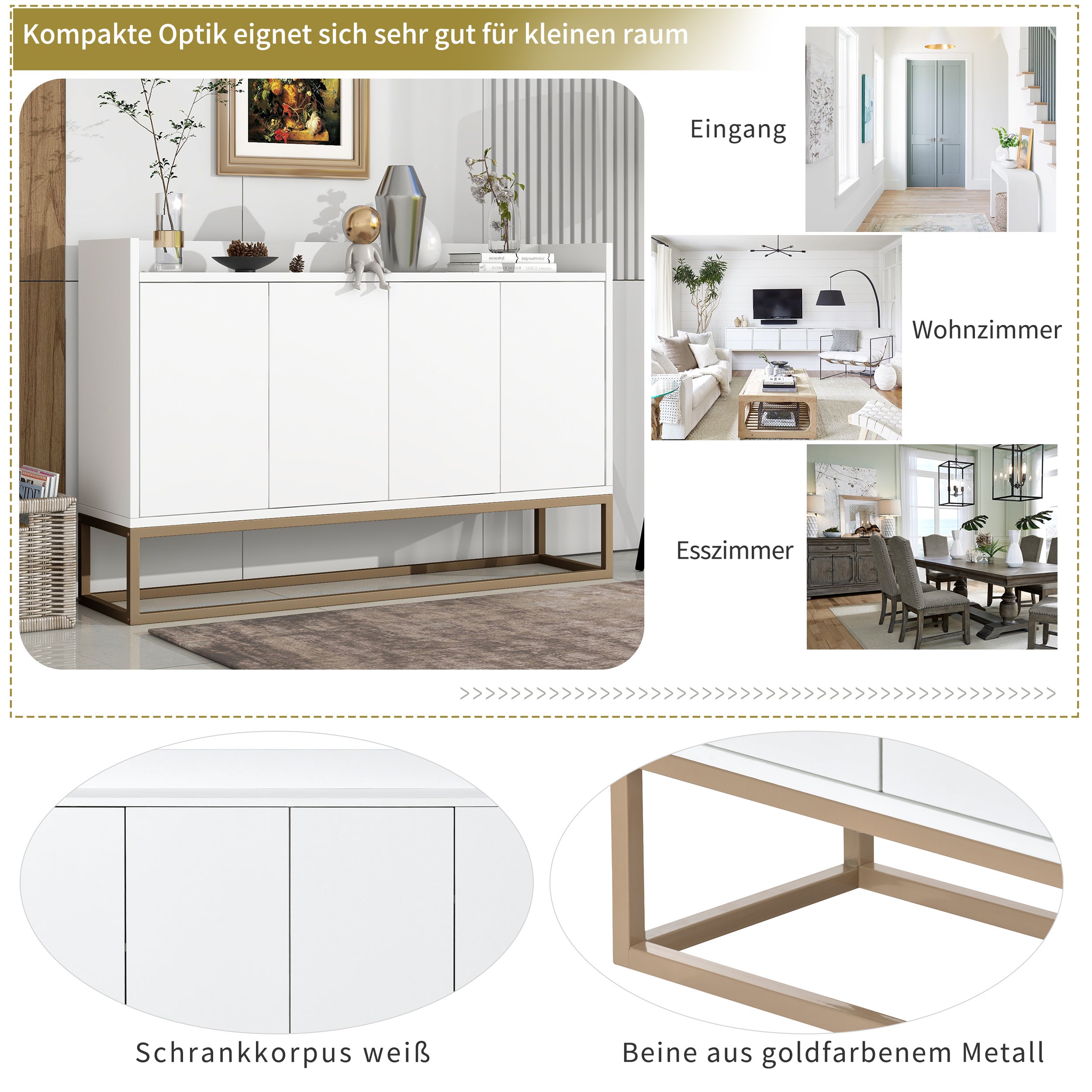 Credenza bassa 4 ante - Legno MDF e gambe in metallo - Stile moderno - Colore bianco - 120 x 30 x 80 cm - 5