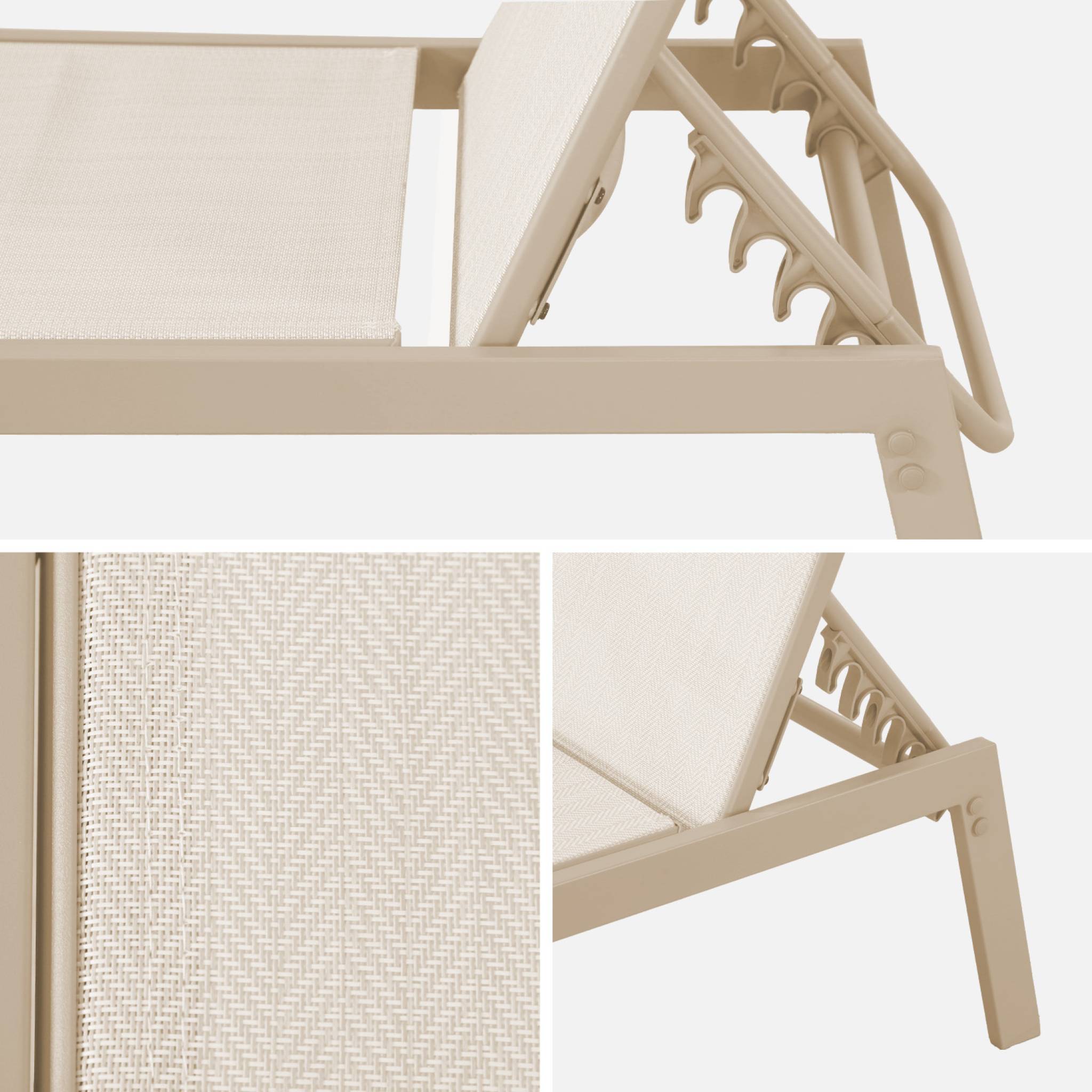 Lot de 2 transats beige. 5 positions. en textilène et métal. FLORA. L155 x P59 x H106cm FLORA - 6