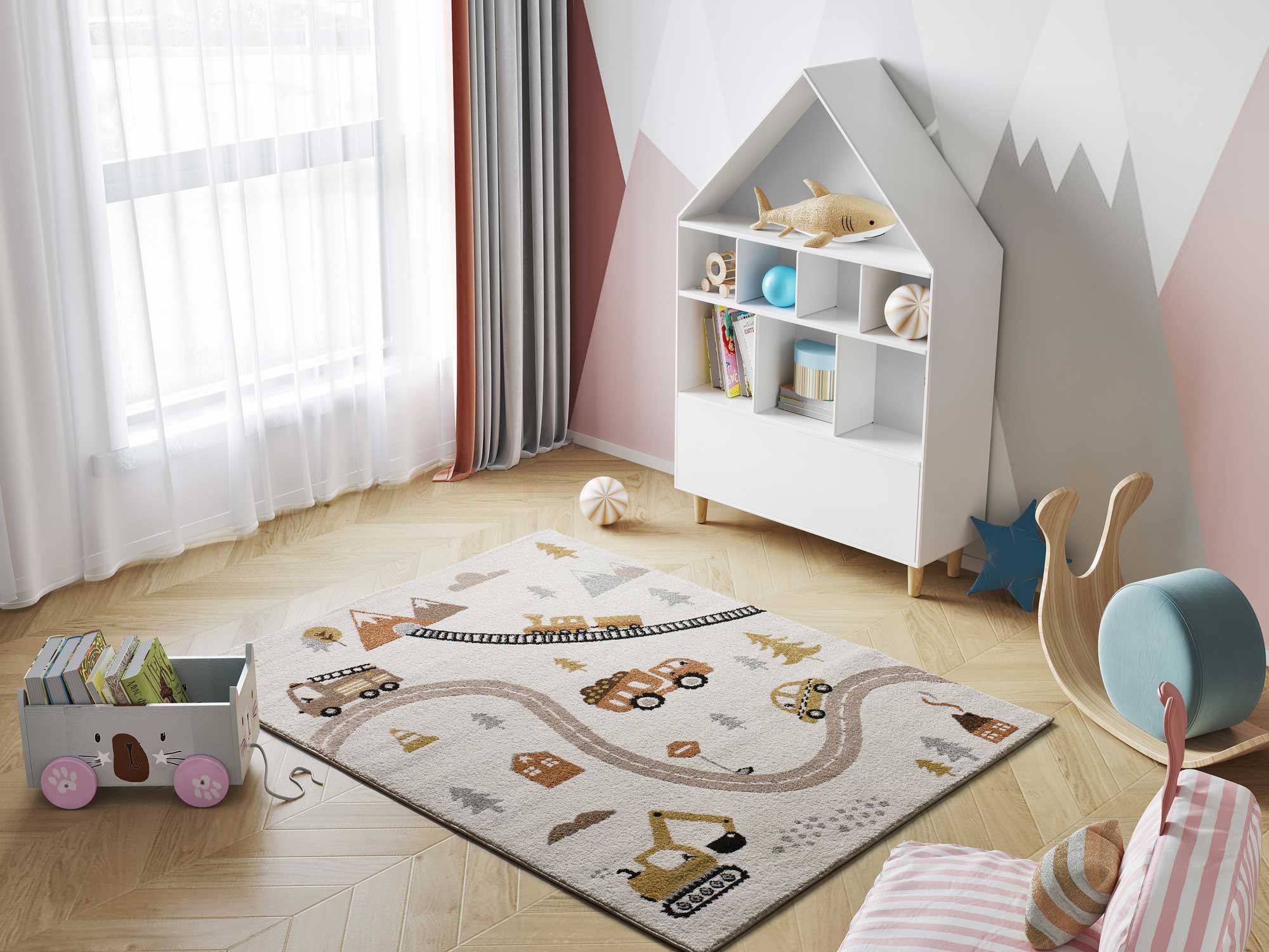 Prostokątny wielokolorowy dywan do wnętrz 120 x 170 cm BEATS dla dzieci samochody i drogi - ATTICGO